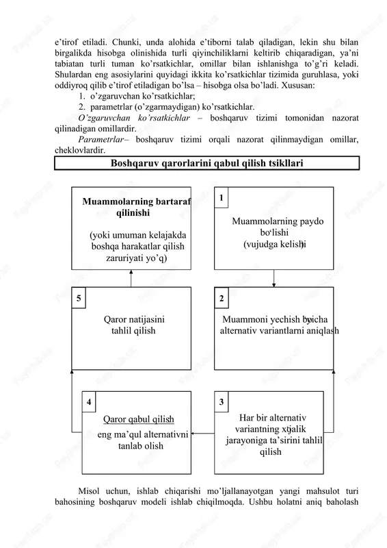 atkichlar. o’zgaruvchan ko’rsatkichlar – boshqaruv tizimi tomonidan nazorat qilinadigan omillardir. parametrlar – boshqaruv tizimi orqali nazorat qilinmaydigan omillar, cheklovlardir. boshqaruv qarorlarini qabul qilish tsikllari muammolarning paydo bo ‘ lishi ) vujudga kelishi ( muammolarning bartaraf qilinishi yoki umuman kelajakda ( boshqa harakatlar qilish zaruriyati yo’q) qaror qabul qilish : eng ma’qul alternativni tanlab olish har bir alternativ variantning xo ‘ jalik jarayoniga ta’sirini tahlil qilish 4 3 qaror natijasini tahlil qilish muammoni yechish bo ‘ yicha alternativ variantlarni aniqlash 5 2 1 misol uchun, ishlab chiqarishi mo’ljallanayotgan yangi mahsulot turi bahosining boshqaruv modeli ishlab chiqilmoqda. ushbu holatni aniq baholash maqsadida tahlil o’tkazilib, unda quyidagi: iste’mol ehtiyoji, bozor dinamikasi, raqobatchilar hattiharakati va ishlab chiqarish quvvatlarini cheklash kabi parametrlar to’liq aks ettirilishi lozim. mazkur modelda o’zgaruvchan ko’rsatkichlar sifatida - mahsulot birligining sotuv bahosi, uni ishlab chiqarishga sarflangan xarajatlar, ishlab chiqarish texnologiyalari hisoblanadi. bunday modelni ishlab chiqishda asosiy vazifa ushbu qarorga taalluqli bo’lgan …
