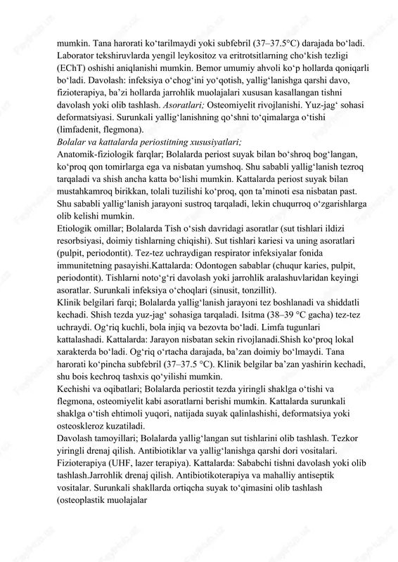 kir yiringli yallig‘lanish jarayoni kuzatiladi tashxis: klinik ko‘rik – shish, og‘riq, og‘iz ochilishining cheklanishi. rentgen tekshiruvi – dastlabki bosqichlarda sezilarli o‘zgarishlar ko‘rinmasligi mumkin, ammo ildiz cho‘qqisi atrofida yallig‘lanish belgilari bo‘lishi mumkin. laborator tahlillar – qon tahlilida leykositoz, esrning oshishi. davolash: yiringni drenajlash, og‘riqsizlantirish, antibiotikoterapiya, fizioterapiya. periost ostidagi yiringni kesib ochish va drenajlash. infeksiya o‘chog‘ini (kasal tishni) davolash yoki olib tashlash. antibiotikoterapiya (penitsillin, tsefalosporinlar, linkomitsin va boshqalar). og‘riq qoldiruvchi va yallig‘lanishga qarshi preparatlar.uhf, lazeroterapiya, ultratovush muolajalari yallig‘lanishni kamaytirish uchun qo‘llaniladi. asoratlari; agar o‘tkir periostit o‘z vaqtida davolanmasa, quyidagi asoratlar yuzaga kelishi mumkin: jag‘ osteomiyeliti. flegmona va abssesslar.sepsis (infeksiya qon orqali tarqalishi). surunkali periostit. kelib chiqishi: davolanmagan o‘tkir periostit yoki uzoq davom etuvchi infektsiya oqibatida yuzaga keladi. patogenez; infeksiya sekin rivojlanadi, organizmning immun javobi yallig‘lanishni to‘liq bostira olmaydi.periost qavatida tolali o‘zgarishlar, baʼzan esa suyakning qalinlashuvi va giperplaziyasi kuzatiladi. yallig‘lanish uzoq vaqt davom etishi natijasida periost va suyak orasida yangi suyak plastinkalari hosil …