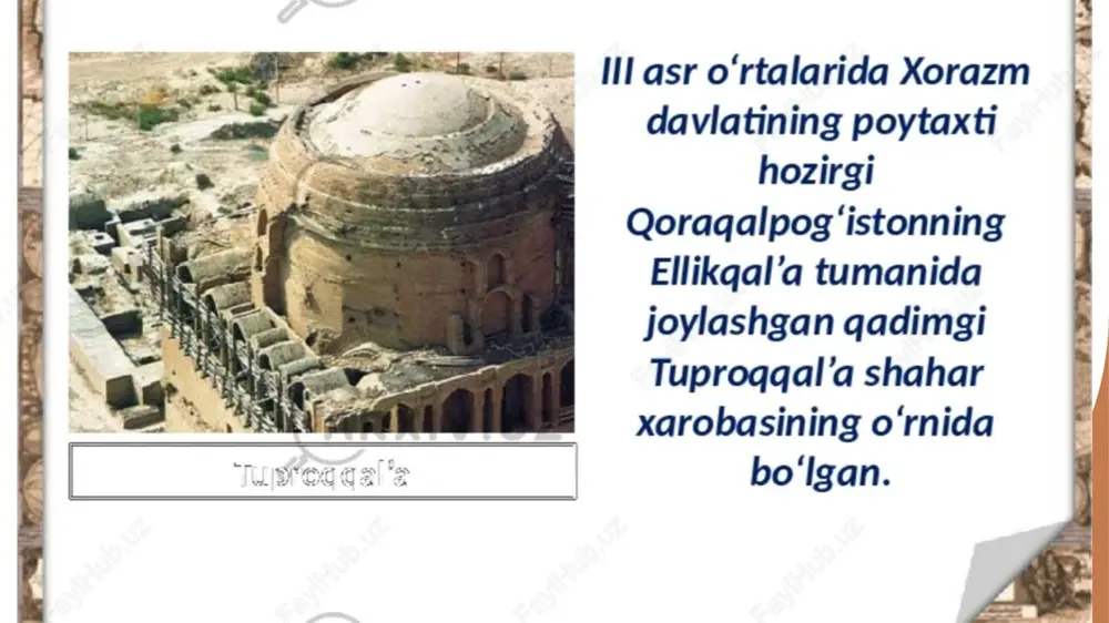 aniyatning rivojlanishi miloddan avvalgi 5-asrlarga taqaladi. bu davrda hunarmandchilik va qishloq xo'jaligi rivojlandi. 2 urug'lar va an'analar xorazmda turli urug'lar va xalqlar birlashib, o'ziga xos an'analarni shakllantirdi. bu madaniyatning xilma-xilligi va boyligini ta'minladi. 3 ilm-fan va san'at qadimgi xorazm ilm-fan va san'at markazi bo'lib, ko'plab buyuk olimlar va san'atkorlar yetishdi, bu esa madaniyatni boyitdi va rivojlantirdi. ilm-fan va texnologiya: xorazmning o'ziga xos yutuqlari. 1 astronomiya yutuqlari - qadimgi xorazmda astronomiya sohasida muhim yutuqlar sodir bo'lgan. bu yerda o'lchov asboblari ishlab chiqilgan va yulduzlar harakati tadqiq qilingan. 2 matematikadagi yutuqlar - xorazmiy matematikada ko'plab muhim yutuqlarni amalga oshirdi. u algebra va geometriya sohalarida fundamental nazariyalarni ishlab chiqdi, bu esa keyingi avlodlarga ta'sir etdi. 3 tibbiyot va farmatsevtika - qadimgi xorazmda tibbiyot va farmatsevtika sohalarida ham innovatsiyalar mavjud edi. mahalliy shifokorlar o'simliklardan dori vositalarini tayyorlashda mohir bo'lganlar. xorazmning san'at va adabiyotdagi ta'siri va yutuqlari. xorazm san'ati xorazm san'ati, o'zining rang-barangligi va murakkabligi …