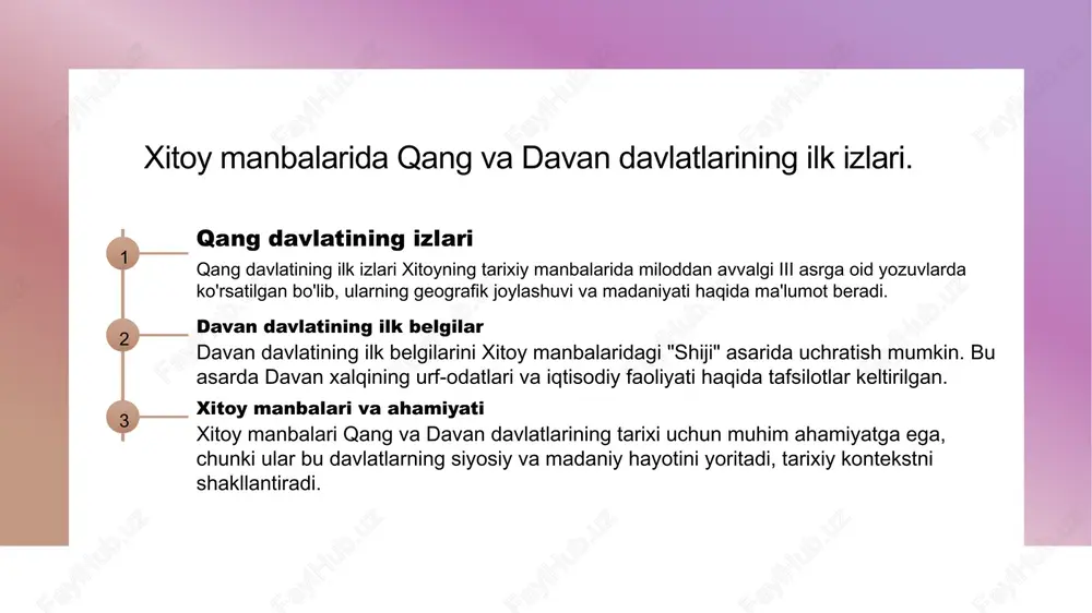 ati tuzilishi davan davlatining siyosiy tuzilishi, markazlashgan boshqaruvga asoslangan bo'lib, shoh va uning maslahatchilari orqali amalga oshirilar edi. 3 o'zaro ta'sirlar qang va davan davlatlari o'rtasidagi o'zaro ta'sirlar harbiy aloqalar va savdo yo'llari orqali kuchayib, mintaqadagi siyosiy muvozanatni shakllantirdi. qang va davan davlatlarining iqtisodiy ahamiyati va savdo yo'llari. qang va davan savdosi qang va davan davlatlari, savdo yo'llari orqali xitoy, o'rta osiyo va boshqa hududlar bilan iqtisodiy aloqalar o'rnatdi, bu esa madaniyatlararo muloqotni kuchaytirdi. iqtisodiy ahamiyat ushbu davlatlar, o'zlarining strategik joylashuvi bilan, savdo yo'llarining markazida bo'lib, iqtisodiy rivojlanishda muhim rol o'ynagan. savdo yo'llari qang va davan davlatlari, silk road kabi qadimiy savdo yo'llarini nazorat qilib, tovarlar, madaniyat va bilimlarni almashishda muhim o'rin tutgan. qang va davan tarixida yirik voqealar va ularning ta'siri. 1 qang davlatining yirik voqealari qang davlati tarixida, miloddan avvalgi 3-asrda davlatni tashkil etish, xitoy bilan savdo aloqalari o'rnatish muhim voqealar qatoriga kiradi. 2 davan davlatining rivoji davan …