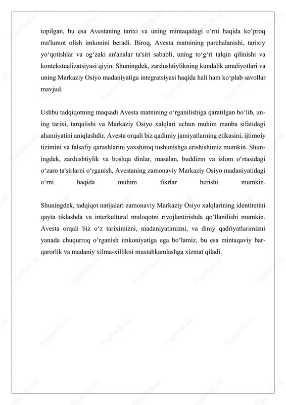 , tartib) va angra mainyu (yovuzlik ruhlari), o‘rta osiyo xalqlarining diniy e'tiqodlarini shakllantirishda asosiy rol o‘ynagan. ushbu tushunchalar, o‘rta osiyo xalqlari madaniyatida haqiqat va yovuzlik o‘rtasidagi kurashni aks ettiradi, bu esa xalqning axloqiy va ma'naviy qadriyatlarini belgilaydi. avestoning o‘rta osiyo xalqlariga ta'siri juda keng qamrovli. o‘rta osiyo hududida joylashgan xalqlar, ayniqsa, o‘z tarixiy va madaniy rivojlanishida zardushtiylik dinidan ko‘plab elementlarni qabul qilgan. misol uchun, o‘zbekistondagi qadimiy shaharlarda, masalan, buxoro va samarqandda, zardushtiylik ta'siri sezilarli. bu shaharlar, o‘z navbatida, diniy va madaniy markazlarga aylangan, va avesto matnlari bu jarayonda muhim rol o‘ynagan. avesto, shuningdek, o‘rta osiyo xalqlarining turli xil san'at va adabiyotida ham aks etgan. zardushtiylik g‘oyalari, musiqiy va badiiy asarlarda, shuningdek, xalq ertaklari va afsonalarida to‘g‘ridan-to‘g‘ri namoyon bo‘ladi. masalan, avestodan olingan hikoyalar, o‘rta osiyo xalqlarining urf-odatlari va an'analariga o‘ziga xos ta'sir ko‘rsatgan. bundan tashqari, avestoning ta'siri nafaqat diniy va madaniy jihatdan, balki siyosiy va ijtimoiy hayotda ham seziladi. zardushtiylik dinining …