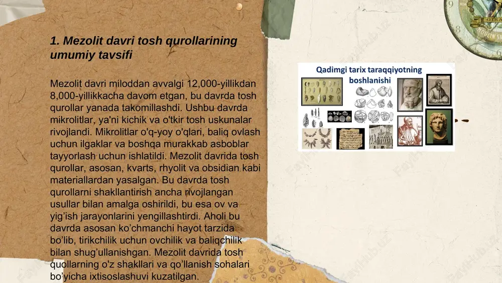 . osiyoda esa tosh bolg‘alar, nayzalar va pichoqlar topilgan. afrikadagi topilmalar esa o‘q va kamon uskunalarining rivojlanishini ko‘rsatadi. mezolit davrida har bir mintaqaning geologik sharoitlari va iqlimi turli qurollarning rivojlanishiga ta’sir qilgan. bu xilma-xillik odamlarning muhitga moslashishiga xizmat qilgan. mezolit davri tosh qurollari ahmedov ğayrat e'tiboringiz uchun raxmat! image1.png image2.png image3.png image4.jpg image5.png image6.jpg /docprops/thumbnail.jpeg