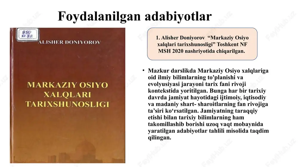 u” (“shimoliy sulolalar tarixi”)341 — 100 ta bobdan iborat asar bo‘lib, tan sulolasi (618-907- yy.) davrida yashagan yirik tarixchi li yan shou (taxminan 595-678- yy.) qalamiga mansub. a. madraimovning bergan ma’lumotlariga ko‘ra, unda shimoliy xitoyda hukmronlik vey (386-535-yy.), si (550—577-yy.), chjou (557—581-yy.) sulolasi hukmronligi, ya’ni 386-581-yillar tarixi bayon qilingan; alisher doniyorov “markaziy osiyo xalqlari tarixshunosligi” toshkent nf msh 2020 67-bet asarda o‘rta osiyo, xususan, xorazm hamda sharqiy turkiston haqida qimmatli ma’lumotlami uchratish mumkin. manbaning so‘nggi tarjima va tahlili 2010-yilda l. r. konsevich tomonidan rus va 2003-yilda a. den tomonidan ingliz tillarida amalga oshirilgan. alisher doniyorov “markaziy osiyo xalqlari tarixshunosligi” toshkent nf msh 2020 67-bet “suy shu” (“suy xonadonining tarixi”)- xitoy tarixchilari jamoasi tarafidan yozilgan asar. uni yozishda vey chjen (580-643-yy.) - tan sulolasi davrida yashagan tarixchi muhim rol o‘ynagan. asarda xitoyning suy sulolasi davridagi, ya’ni v-vi asrlardagi ijtimoiy-siyosiy tarixi 85 ta bobda bayon etilgan. alisher doniyorov “markaziy osiyo xalqlari tarixshunosligi” …