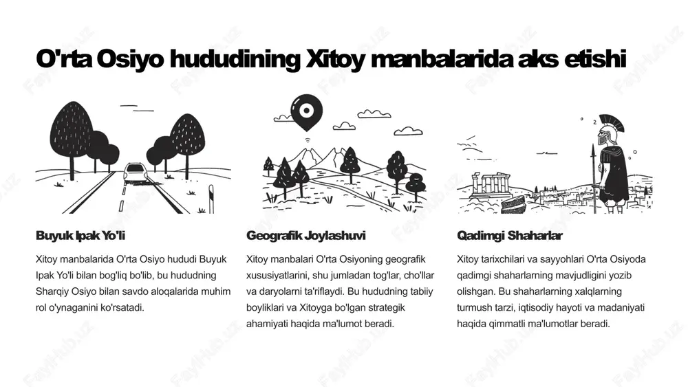 larning rivojlanish darajasi va savdo-iqtisodiy faoliyati to'g'risida ham ma'lumotlar berilgan. qadimgi madaniyatlar o'rta osiyo hududidagi qabilalar va ularning madaniyati to'g'risida ma'lumotlar xitoy manbalarida batafsil bayon etilgan. ularning turmush tarzi, urf-odatlari, dinlari va san'ati to'g'risida ma'lumotlar mavjud. xitoyning o'rta osiyo madaniyatiga ta'siri xitoyning o'rta osiyodagi qabilalar bilan savdo-iqtisodiy aloqalari ularning madaniyatiga sezilarli ta'sir ko'rsatgan. xitoyliklar o'zlarining tovarlarini, texnologiyalarini va madaniyatini olib kirishgan, bu esa mahalliy aholi hayotini o'zgartirgan. 6 o'rta osiyo xalqlarining turmush tarzi o'rta osiyo xalqlari ko'chmanchi hayot tarzi bilan mashhur edi. ular chorvachilik bilan shug'ullanardi va bir joydan boshqa joyga ko'chib yurardi. bu ularga o'zlarini oziq-ovqat bilan ta'minlash va dushmanlardan qochish imkonini berdi. o'rta osiyo xalqlari turli-tuman madaniyat va urf-odatlarga ega edi. ular o'zlarining qabilalariga mansubligi va o'zlarining turmush tarziga qarab turli xil kiyimlar, oziq-ovqat va musiqa bilan ajralib turardi. o'rta osiyo xalqlari o'rtasida savdo-sotiq rivojlangan edi. ular o'zlarining mahsulotlari, xususan chorva mollarini, junini va terisini boshqa xalqlar bilan …