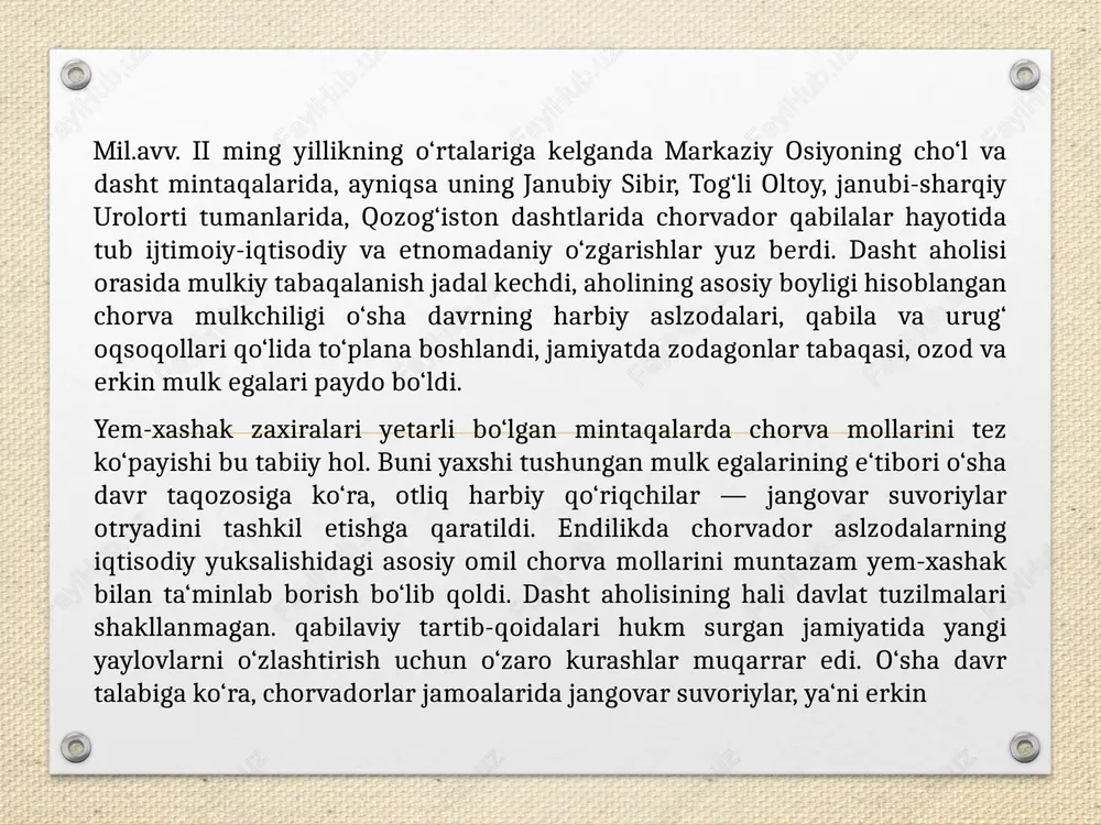 eng ko‘lamli arxeologik qazishmalar kanguy davlatining joylashgan hududi haqida tarixiy haqiqatni yuzaga chiqardi. turon podsholarining bosh shahri qang‘diz — hozirgi toshkent viloyatining oqqo‘rg‘on tumanida joylashgan. qang‘ashahar xarobasi ekanligi aniqlandi. xitoy manbalariga ko‘ra, qang‘arlarda davlat bo‘lganligi haqida ma‘lumotlar bor. iskandar harbiy yurishlaridan keyin o‘rta osiyoning qadimgi erksevar ko‘chmanchi qabilalar janubda yunon-baqtriya davlati tashkil topgach, darxol shimolda ko‘chmanchi qabilalar va o‘troq aholi mahalliy hokimliklari ittifoqi asosida o‘z davlatini tuzadilar. bu davlat yarim o‘troq, yarim ko‘chmanchi qabilalar konfederatsiyasi sifatida tashkil topgan qang‘ davlati edi. muntazam harbiy kuchga ega bo‘lgan bu davlatning siyosati o‘rta osiyo janubida tarkib topgan yunonlar hukmronligiga qarshi qaratilgan edi. shunisi alohida tahsinga sazovorki, bu davlat aholisi ikki tilda (sug‘diy va turkiy) so‘zlashuvchi qabila va elatlardan tashkil topgan bo‘lib, bu zaminda yashovchi qadimgi eroniy tillarda so‘zlashuvchi tubjoy xalqlarning janubiy sibir, oltoy, janubi-sharqiy urolorti, sharqiy turkiston va yettisuv viloyatlarida yashovchi turkiy qabilalar bilan aloqalari, yaqinlashish jatumanlari jadallashadi. natijada, mil.avv. iii asrdan boshlab …