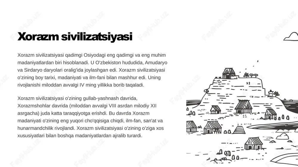 viloyatni xon boshqarar edi. viloyatlarda ham mahalliy boshqaruv tizimi mavjud edi. 4 4. adliya va sud tizimi adliya va sud tizimi ham rivojlangan edi. xorazmda qonunlar, qoidalar va an'analar asosida sud ishlari olib borilgan. 6 qadimgi xoraz shahar qurilishi shahar rejasi qadimgi xoraz shaharlari muayyan reja bo'yicha qurilgan. markazda qal'a, saroy va ibodatxonalar joylashgan. shaharning atrofida uy-joy va hunarmandchilik maydonchalari joylashgan. devorlar shaharlar kuchli devorlar bilan o'ralgan. devorlar shaharni dushmanlardan himoya qilishga xizmat qilgan. devorlarda eshiklar va minoralar bo'lgan. sug'orish tizimi qadimgi xoraz shaharlarida sug'orish tizimi muhim rol o'ynagan. shaharchalar daryo va kanal suvlari bilan ta'minlangan. sug'orish tizimi dehqonchilik rivojiga yordam bergan. 7 qadimgi xorazmda qishloq xo'jaligi qadimgi xorazmda qishloq xo'jaligi iqtisodiyotning asosiy tarmog'i edi. xo'jalikning asosiy mahsulotlari g'alla, paxta, uzum, sabzavot va mevalar edi. xorazm aholisi unumdor tuproqlar va suv resurslariga ega bo'lib, bu ularga oziq-ovqat yetishtirish va savdo-sotiqni rivojlantirish imkonini bergan. sug'orish tizimlari qadimgi xorazmda sug'orish tizimlari yaxshi …