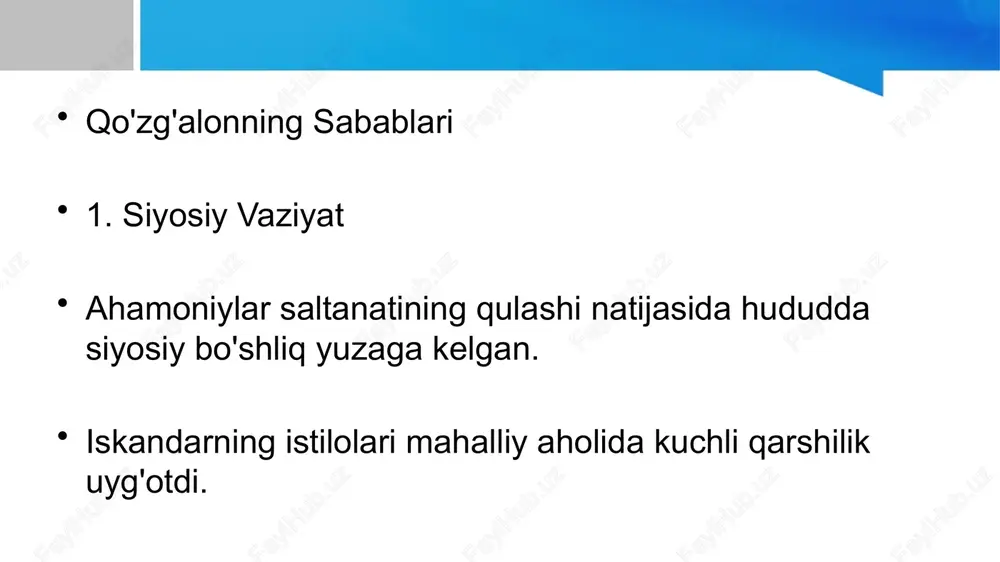 ʻolonchilar magʻlubiyatga uchraydilar. sugʻdiy va baqtriyalik zodagonlarning bir qismi spitamenga xiyonat qilib istilochilar tomoniga oʻtib ketganlar. mil. av. 328 y. oxirida spitamen xoinona oʻldirilgan. ayrim tarixchilar uni aleksandr hujumidan qoʻrqqan massagetlar oʻldirgan deb hisoblaydilar. baʼzi maʼlumotlarga qaraganda, spitamenni oʻz xotini oʻldirib, boshini aleksandr huzuriga keltirgan, biroq iskandar uni oʻta sovuq kutib olgan shunga qaramay, spitamen qoʻzgʻoloni tugamagan, uning 3bosqichi boshlangan. shu tufayli aleksandr mil. av. 328—327 yillar qishlovini sugʻdda oʻtkazishga majbur boʻlgan. qoʻzgʻolonchilar togʻ qalʼalarida kurashni davom ettirganlar. hozirgi tadqiqotlarga koʻra, ular jan.sharkay hududlarda joylashgan. aleksandr mahalliy aholi qarshiligini kuch bilan yenga olmasligiga ishongach, ularga yaqinlashishga qarakat qilgan, ularga nisbatan siyosatini oʻzgartirgan. togʻli hududlardagi qoʻzgʻolon boshliqlari oksiart, sisimitr, xoriyen kabilarni afv etib, molmulkini qaytarib bergan. oksiartning qizi roxshanakka uylangan. mahalliy zodagonlarning aksariyati aleksandr hokimiyatini tan olib uning xizmatiga oʻtib ketishgan. mil. av. 327 y. oxirida sugʻdiyona aleksandr tomonidan batamom egallanib, qoʻzgʻolon bostirilgan. xulosa spitamen qo'zg'aloni o'rta osiyo tarixida milliy ozodlik …