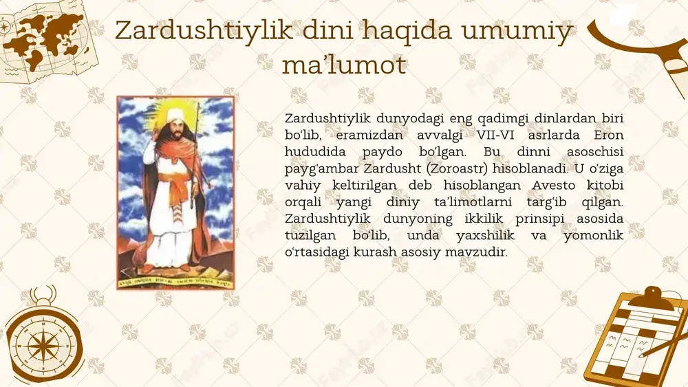 va tafakkurga bo‘lgan yondashuvi sosoniylar imperiyasida o‘z aksini topdi. sosoniylar imperiyasi davrida ilmiy markazlar, kutubxonalar va maktablar tashkil etilgan. zardushtiylikning ta’limotlari va falsafasi ilm-fan, tibbiyot, astronomiya, matematika va boshqa sohalarda rivojlanishga hissa qo‘shdi. islom va zardushtiylik islom va zardushtiylik ikki ulkan diniy tizim bo‘lib, ular tarixda o‘zaro aloqada bo‘lgan va bir-biriga ta’sir ko‘rsatgan. zardushtiylik qadimgi eronning dini bo‘lib, islom esa vii asrda payg‘ambar muhammad (s.a.v.) tomonidan asos solingan dunyoviy dinlardan biridir. islom va zardushtiylik o‘rtasidagi munosabatlar o‘tmishda turli shakllarda ko‘rinish bergan, va bu ikki din bir-birining rivojlanishiga muhim ta’sir ko‘rsatgan. zardushtiylik va islom o‘rtasida ko‘plab o‘xshashliklar mavjud. masalan, zardushtiylikda ham, islomda ham yaxshilik va yovuzlikning kurashi, ahloqiy me’yorlar va hayotdagi maqsadlar muhim o‘rin tutadi. zardushtiylikda ahura mazda tomonidan qo‘llab-quvvatlanadigan yaxshilikning g‘alabasi, islomda ham allohning yo‘lini tanlaganlarning g‘alabasi bilan o‘xshashlik ko‘rsatadi. avesto kitobi zardushtiylikning asosiy muqaddas manbasi bu “avesto” kitobidir. ushbu kitobda diniy qonun-qoidalar, ibodatlar va axloqiy ta’limotlar bayon etilgan. avesto …