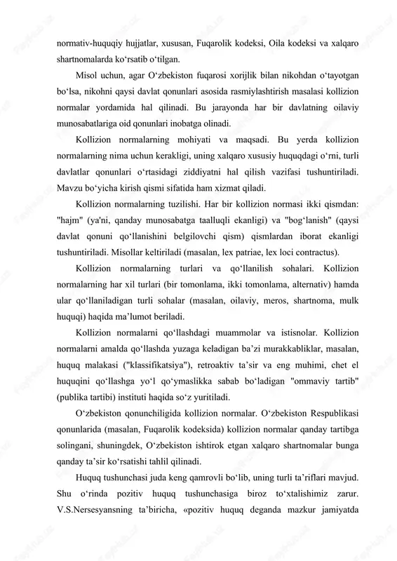 . v.s.nersesyansning ta’biricha, «pozitiv huquq deganda mazkur jamiyatda harakatda bo‘lgan, konkret-aniq mazmun va shaklga ega bo‘lgan huquq ma’nosida, ya’ni yagona bir davlatga birlashgan insonlar xatti-harakatini tartibga soluvchi vosita sifatida o‘zini namoyon etadigan huquq tushuniladi». huquqning vujudga kelishi va undan foydalanish jarayonida uning mohiyati insonlar tomonidan amaliy zaruriy xatti-harakat qoidalari vujudga kelishi va mustahkamlanishidan ancha keyinroq anglana borgan. huquqning o‘zi hamma tomonidan e’tirof etiladigan va yagona, butun jamiyat uchun umumiy bo‘lgan xatti-harakat qoidalari sifatida namoyon bo‘ladi. huquq insonlarning amaliy faoliyati sohasidagi ichki ishonchlari, baholari va intilishlari asosida vujudga keladi. bundan tashqari u yoki bu ma’rifiy jamiyatda mavjud bo‘lgan huquq haqidagi qarashlar, g‘oyalar va ta’limotlar insonlar xatti-harakatini tartibga soladigan pozitiv huquqga asos bo‘ladi. pozitiv huquq normalari mazmunining tuzilishi tarixan asta-sekin boyib borgan. qadimgi davrlardagi hukmdorlarning alohida «buyruqlari» hamda sudlarning turli masalalardagi «hukmlaridan» tortib fuqarolar, hokimiyat va amaldorlarning xatti-harakatini belgilovchi umumiy qoidalar, prinsiplargacha bo‘lgan tarixiy rivojlanish davrini boshidan kechirgan. tarixiy taraqqiyot jarayonida turli …