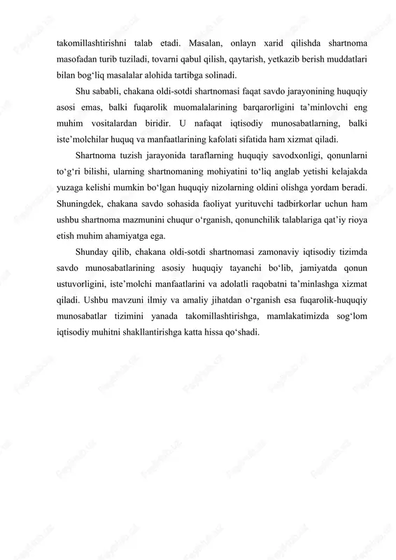 g shartnoma oldidan o`zaro aloqalari, muloqotlari va munosabatlarning huquqiy ifodasi hisoblanadi. bu muloqotdan asosiy maqsad iste`molchini qiziqtiruvchi barcha ma`lumotlarni unga bildirish, iste`molchining axborotlar olishga bo`lgan huquqlarini ta`minlashdir. iste`molchi nafaqat tovar haqida, balki ushbu tovarni tayyorlovchi, sotuvchi haqida ham to`g`ri va to`liq ma`lumotlarga ega bo`lishi lozim. «iste`molchilarning huquqlarini himoya qilish to`g`risida»gi qonunning 5-moddasiga asosan, tovarni ishlab chiqaruvchi va sotuvchi o`z korxonasining nomi, joylashgan (yuridik) manzili haqida, shuningdek sotuvchi ish tartibi va savdo qoidalari haqida ham to`liq ma`lumot berishi shart. ayni vaqtda ishlab chiqaruvchi (sotuvchi) iste`molchiga o`zi realizatsiya qilayotgan tovar haqida o`z vaqtida zarur, to`g`ri va tushunarli ma`lumot berishi shart. ma`lumki, sotuvchi xaridorlarni jalb etish uchun tovarlarini keng reklama qiladi. reklama qilish sotuvchi uchun muayyan oqibatlarni vujudga keltiradi. fkning 426-moddasiga asosan chakana oldi-sotdi shartnomasining barcha muhim shartlarini o`z ichiga olgan holda, tovar reklamasi, kataloglar, shuningdek tovarni nomuayyan shaxslar doirasiga qaratilgan boshqa ta`riflari orqali tovar taklif qilish ommaviy oferta hisoblanadi. tovarlarni ko`rgazmaga qo`yish, …