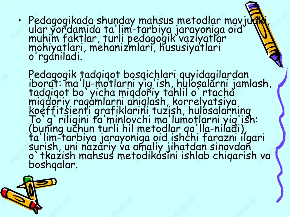 bdagi faoliyatlariga doir omillar tahlil qilinadi, muayyan hulosalarga kelinadi. bunda o`quvchilarning turli yozma daftarlari, tutgan kundaliklari, yozgan hatla-ri, she'r va hikoyalari, hayotiy rejalari, insholari, turli yozma hiso-botlari ularning dunyoqarashi va ma'naviyatini o`rganish uchun manba bo`lib hizmat qiladi. bu uslub orqali o`quvchilar orasidan etishib chihayotgan itse'dodli, iqtidorli yoshlar aniqlanib, ular bilan alohida ish olib boriladi. bolalar ijodini quyidagi jarayonlarda ham aniqlash mum-kin: fan olimpiadalari, mavzular bo`yicha konkurslar; maktablar bo`yicha ko`rgazmalar; musobaqalar; sayohatlar va boshqalar. ^ ilmiy tadqiqotda tets, so'rovnomalar uslubi etakchi bo`lib sa-naladi. so'rovnoma - anketa metodi qo'llanilganda yaratilgan ilmiy farazning yangiligini bilish, aniqlash, o`quvchilarning yakka yoki guruhli fikrlarini, qarashlarini, qanday kasblarga qiziqishlarini, ke-lajak orzu-itsaklarini bilish va tegishli hulosalar chiqarish, tavsiyalar berish maqsadida o`tkaziladi. tets sinovlarini o`tkazishdan maqsad kam vaqt orasida o`quvchilarning bilimlarini yoppasiga aniqlash va baholashdir. tets sa-vollarining o'rni va ularning mazmunan rang-barang qilib tuzilishi, o`quvchilarning mustaqil fikrlarini o'tsiradi, kelajakni real ba-holash qobiliyatini taraqqiy ettiradi. ^ maktab hujjatlarini tahlil qilish. …