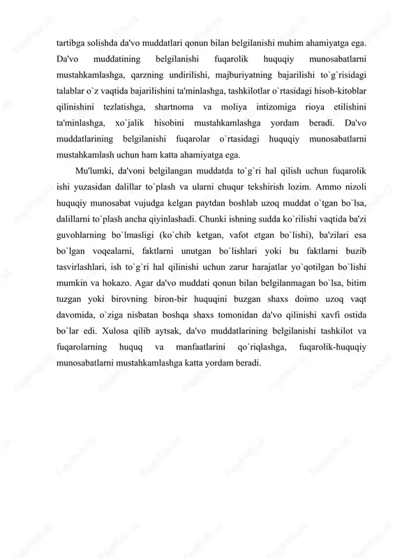 oya qilish qonun bilan belgilangan da'vo muddatlari huquqiy munosabatning ishtirokchilariga va mazmuniga qarab umumiy va maxsus (qisqartirilgan yoki uzaytirilgan) muddatlarga bo`linadi. umumiy da'vo muddati – huquqiy munosabatlarda qatnashuvchi shaxslarning barchasi uchun uch yil qilib belgilangan (fkning 150-moddasi). fkning 151-moddasiga asosan ayrim turdagi talablar uchun qonunlarda umumiy da'vo muddatiga qaraganda qisqartirilgan yoki uzaytirilgan maxsus da'vo muddatlari belgilanishi mumkin. maxsus da'vo muddatlari faqat qonunlarda to`g`ridan-to`g`ri ko`rsatilgan hollardagina qo`llaniladi. chunonchi, olti oy davom etadigan qisqartirilgan da'volar bo`ladi: 1) neustoyka (jarima, penya) undirish to`g`risidagi da'volar; 2) sotilgan ashyoning kamchiliklari to`g`risidagi da'volar; 3) sifati lozim darajada bo`lmagan mahsulotlarni yetkazishdan kelib chiqadigan da'volarga joriy qilinadi. da'vo muddatlari imperativ, ya'ni qat'iy belgilanganligi sababli bu muddatlar va ularni hisoblash tartibi taraflarning kelishuvi bilan o`zgartirilishi mumkin emas (fkning 152-moddasi). da'vo muddatini to`g`ri hisoblash uchun uning qay vaqtda tugashini belgilash zarur. da'vo muddatining tugashi da'vo qilish huquqi vujudga kelgan kundan boshlanadi (fkning 154-moddasi). bunday huquq, ya'ni da'vo muddati shaxs o`zining …