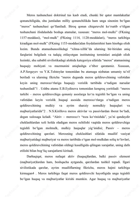 riyatlar merosxo‘rda vujudga keladi, aksincha vorislik bo‘yicha o‘tmaydi. boshqacha aytganda, bu o‘rinda mers qoldiruvchining vafotidan tashqari, qonunda belgilangan boshqa yuridik faktlar ham mavjud bo‘lishi lozim. fkning 1118-moddasiga ko‘ra, meros ochilgan paytda hayot bo‘lgan fuqarolar, shuningdek meros qoldiruvchining hayotlik paytida homila holida bo‘lgan va meros ochilgandan keyin tirik tug‘ilgan bolalari vasiyat va qonun bo‘yicha merosxo‘r bo‘lishlari mumkin. meros ochilgan paytda tuzilib bo‘lgan yuridik shaxslar, shuningdek davlat va fuqarolarning o‘zini o‘zi boshqarish organlari ham vasiyat bo‘yicha merosxo‘r bo‘lishlari mumkin. qonun bo‘yicha yoki vasiyat bo‘yicha voris meros ochilganidan keyin vafot etsa va uni olti oylik muddat ichida qabul qilishga ulgurmasa, uning ulushini qabul qilish huquqi uning qonun bo‘yicha yoki vasiyat bo‘yicha, agar u mavjud bo‘lsa, vorislariga o‘tadi. vorislikning bunday tartibini qonun vorislikning o‘tishi deb ataydi (fkning 1140-1-moddasi). vorislar vorislikning o‘tishi tartibida merosni vorisning o‘limidan keyin qolgan merosni qabul qilish uchun belgilangan muddat mobaynida qabul qilib olishlari kerak. masalan, k. 2018 yilda shimolda uzoq …