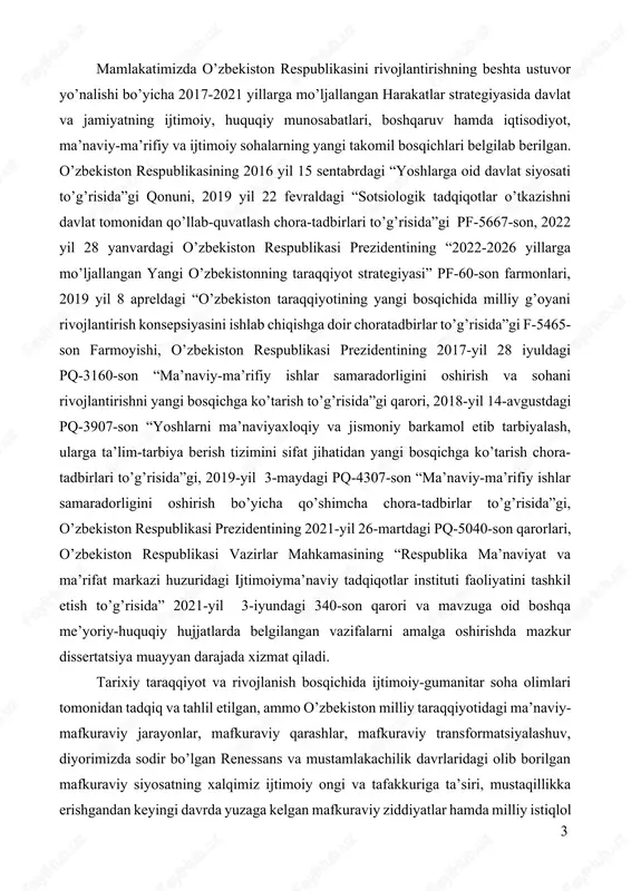 kasi prezidentining 2021-yil 26-martdagi pq-5040-son qarorlari, o’zbekiston respublikasi vazirlar mahkamasining “respublika ma’naviyat va ma’rifat markazi huzuridagi ijtimoiyma’naviy tadqiqotlar instituti faoliyatini tashkil etish to’g’risida” 2021-yil 3-iyundagi 340-son qarori va mavzuga oid boshqa me’yoriy-huquqiy hujjatlarda belgilangan vazifalarni amalga oshirishda mazkur dissertatsiya muayyan darajada xizmat qiladi. tarixiy taraqqiyot va rivojlanish bosqichida ijtimoiy-gumanitar soha olimlari tomonidan tadqiq va tahlil etilgan, ammo o’zbekiston milliy taraqqiyotidagi ma’naviy-mafkuraviy jarayonlar, mafkuraviy qarashlar, mafkuraviy transformatsiyalashuv, diyorimizda sodir bo’lgan renessans va mustamlakachilik davrlaridagi olib borilgan mafkuraviy siyosatning xalqimiz ijtimoiy ongi va tafakkuriga ta’siri, mustaqillikka erishgandan keyingi davrda yuzaga kelgan mafkuraviy ziddiyatlar hamda milliy istiqlol g’oyasining shakllanishi va takomillashuvi yaxlit ravishda o’rganilmagan. shundan kelib chiqqan holda, ijtimoiy-gumanitar fanlar yo’nalishida (falsafa, siyosat, sotsiologiya, ma’naviyat va b) xalqimiz tarixidagi mafkuraviy jarayonlarni davrlashtirish hamda uning ilmiy manzarasini umumiy holda yaratishga oid kompleks mazmundagi konsepsiyaning yo’qligi ushbu dissertatsiya mavzuimizning dolzarbligini belgilab beradi. tadqiqotning respublika fan va texnologiyalari rivojlanishining ustuvor yo’nalishlariga bog’liqligi. mazkur dissertatsiya respublika fan …