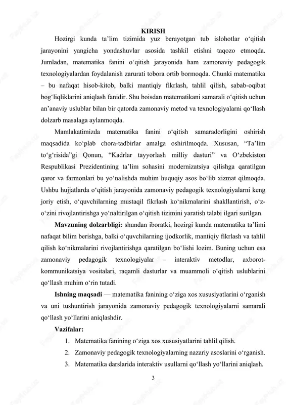 dan j. bruner, d. dewey, j. piagetlarning ta’lim psixologiyasi va konstruktivistik yondashuvga oid ishlari ham ahamiyatlidir. nazariy va metodologik asoslar. tadqiqotning nazariy asosini pedagogika, psixologiya va ta’lim texnologiyalari fanlari sohasidagi ilmiy qarashlar tashkil etadi. kurs ishi ikki bobdan iborat bo‘lib, har bir bobda matematika fanini o‘qitishning o‘ziga xos jihatlari va zamonaviy pedagogik texnologiyalarni qo‘llash yo‘llari yoritiladi. ish yakunida umumiy xulosalar va takliflar beriladi. i bob. matematika fanining o‘ziga xos xususiyatlari va uni o‘qitishda pedagogik yondashuvlar 1.1.matematika fanining mohiyati va o‘ziga xos xususiyatlari matematika inson tafakkurining eng oliy shakllaridan biri bo‘lib, voqelikdagi miqdoriy munosabatlar, shakllar va ularning o‘zaro bog‘liqligini o‘rganadi. matematika nafaqat raqamlar, formulalar yoki teoremalar majmuasi, balki mantiqiy fikrlash, tahlil qilish va umumlashtirish qobiliyatini rivojlantiruvchi fan sifatida ahamiyat kasb etadi. matematika fanining asosiy xususiyatlaridan biri — mantiqiylik va izchillikdir. har bir matematik tushuncha yoki qonuniyat qat’iy mantiqiy asosga ega bo‘lib, oldingi bilimlarga tayangan holda rivojlanadi. shu sababli, matematik bilimlarni o‘zlashtirish …