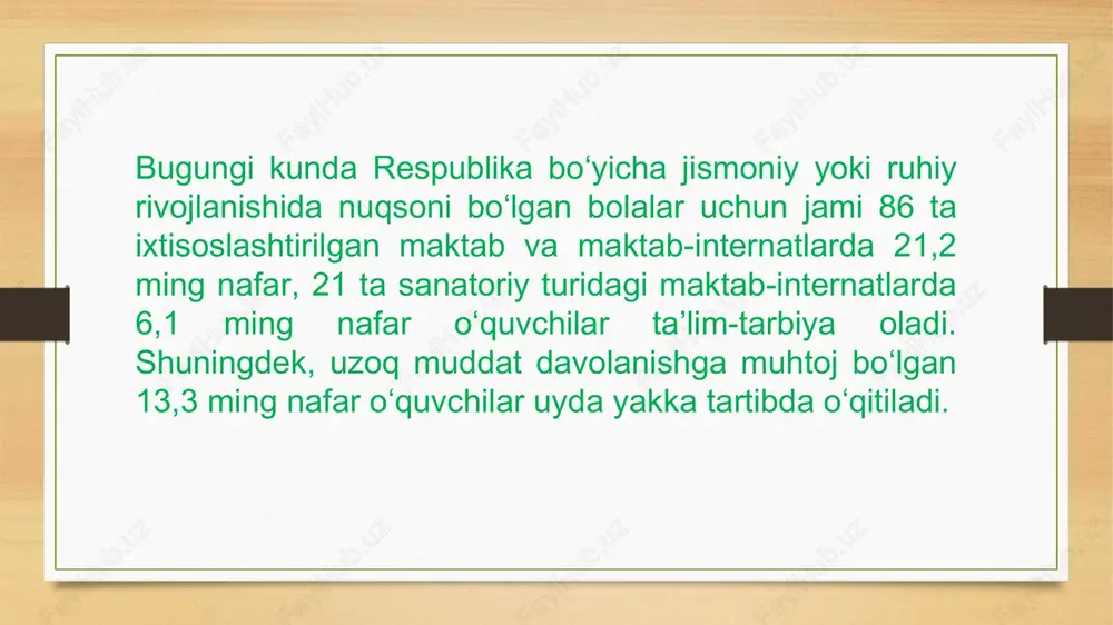 shtirish chora-tadbirlari to‘g‘risida” (pq-4860-son, 2020 yil 13 oktyabr) qarori tasdiqlandi! 2020 — 2025-yillarda xalq ta’limi tizimida inklyuziv ta’limni rivojlantirish konsepsiyani amalga oshirishdan kutilayotgan natijalar konsepsiya doirasida belgilangan vazifalarni bajarish orqali 2020 — 2025-yillarda xalq ta’limi tizimida inklyuziv ta’limni rivojlantirishda quyidagi ko‘rsatkichlarga erishish nazarda tutiladi: - alohida ta’lim ehtiyojlari bo‘lgan shaxslarning rivojlanishi, reabilitatsiyasi, jamiyatga integratsiyalashuvida inklyuziv ta’limning strategik omil sifatidagi roli tasdiqlanadi; alohida ta’lim ehtiyojlari bo‘lgan bolalarning ta’limiy muhiti yaxlitligi mustahkamlanadi, ularning jamiyatga integratsiyasi uchun zarur sharoitlar ta’minlanadi; - davlat, jamiyat, shaxsning inklyuziv ta’lim sohasidagi manfaatlarini muvofiqlashtirish mexanizmlari yaratiladi; - inklyuziv ta’lim tizimining umumiy qulayligi, uzluksizligi, ta’lim sifati, shuningdek o‘quvchilarning rivojlanish darajasi, xususiyatlariga moslashuvchanligi va variativligiga erishiladi; - inklyuziv ta’lim sohasidagi xalqaro munosabatlar doirasida o‘zaro hamkorlik aloqalari mustahkamlanadi; - o‘quvchilar ta’limiy ehtiyojlarning o‘ziga xosligini inobatga olgan holda sifatli ta’lim olishi uchun ular davlat tomonidan qo‘llab-quvvatlanadi; - inklyuziv ta’limni bosqichma-bosqich joriy etish orqali alohida ta’lim ehtiyojlari bo‘lgan bolalar uchun ixtisoslashtirilgan ta’lim muassasalari …