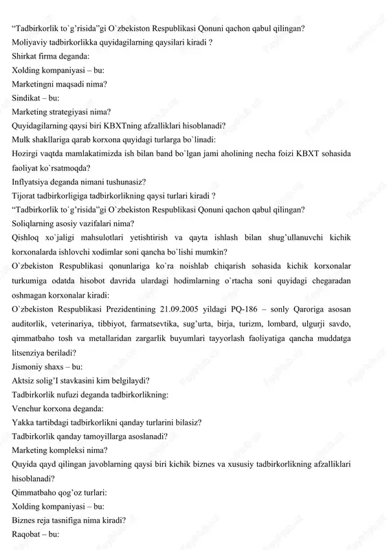 shlab necha yil mobaynida reja asosida tekshirish o`tkazilmasligi belgilangan? tadbirkorning qarz kredit kapitali qanday shakllanadi? shirkat firmalarda: quyida qayd qilingan qaysi bir yo`l xolding kompaniyasini tashkil etish uchun asos qilib olinadi: quyida qayd qilingan pul toppish yo`llarining qaysi biri tadbirkorlikka kirmaydi? kichik biznes va xususiy tadbirkorlikning salbiy xususiyati qanday ? marketingda boshqarish jarayonlari nimalardan iborat? marketingda boshqarish jarayoni nimalardan iborat? “tadbirkorlik to`g’risida”gi o`zbekiston respublikasi qonuni qachon qabul qilingan? moliyaviy tadbirkorlikka quyidagilarning qaysilari kiradi ? shirkat firma deganda: xolding kompaniyasi – bu: marketingni maqsadi nima? sindikat – bu: marketing strategiyasi nima? quyidagilarning qaysi biri kbxtning afzalliklari hisoblanadi? mulk shakllariga qarab korxona quyidagi turlarga bo`linadi: hozirgi vaqtda mamlakatimizda ish bilan band bo`lgan jami aholining necha foizi kbxt sohasida faoliyat ko`rsatmoqda? inflyatsiya deganda nimani tushunasiz? tijorat tadbirkorligiga tadbirkorlikning qaysi turlari kiradi ? “tadbirkorlik to`g’risida”gi o`zbekiston respublikasi qonuni qachon qabul qilingan? soliqlarning asosiy vazifalari nima? qishloq xo`jaligi mahsulotlari yetishtirish va qayta ishlash bilan shug’ullanuvchi …