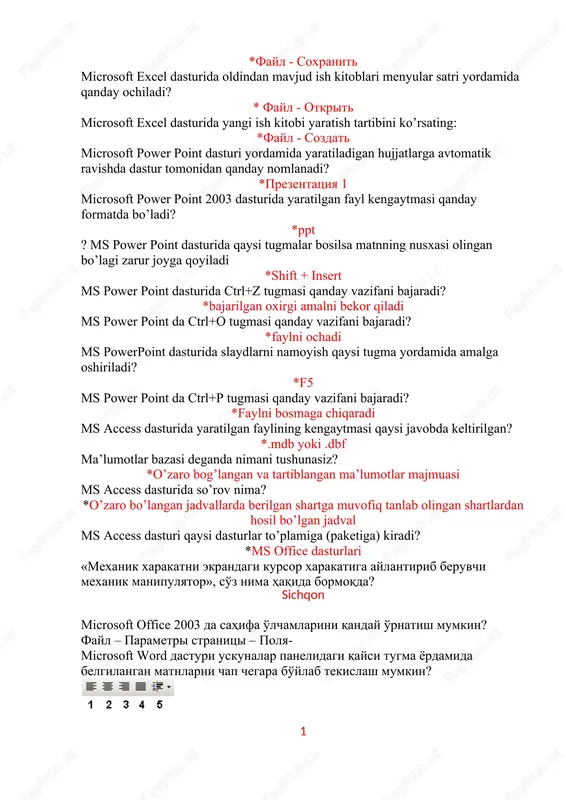 o’rsating: *fayl - sozdat microsoft power point dasturi yordamida yaratiladigan hujjatlarga avtomatik ravishda dastur tomonidan qanday nomlanadi? *prezentatsiya 1 microsoft power point 2003 dasturida yaratilgan fayl kengaytmasi qanday formatda bo’ladi? *ppt ? ms power point dasturida qaysi tugmalar bosilsa matnning nusxasi olingan bo’lagi zarur joyga qoyiladi *shift + insert ms power point dasturida ctrl+z tugmasi qanday vazifani bajaradi? *bajarilgan oxirgi amalni bekor qiladi ms power point da ctrl+o tugmasi qanday vazifani bajaradi? *faylni ochadi ms powerpoint dasturida slaydlarni namoyish qaysi tugma yordamida amalga oshiriladi? *f5 ms power point da ctrl+p tugmasi qanday vazifani bajaradi? *faylni bosmaga chiqaradi ms access dasturida yaratilgan faylining kengaytmasi qaysi javobda keltirilgan? *.mdb yoki .dbf ma’lumotlar bazasi deganda nimani tushunasiz? *o’zaro bog’langan va tartiblangan ma’lumotlar majmuasi ms access dasturida so’rov nima? *o’zaro bo’langan jadvallarda berilgan shartga muvofiq tanlab olingan shartlardan hosil bo’lgan jadval ms access dasturi qaysi dasturlar to’plamiga (paketiga) kiradi? *ms office dasturlari «mexanik xarakatni …