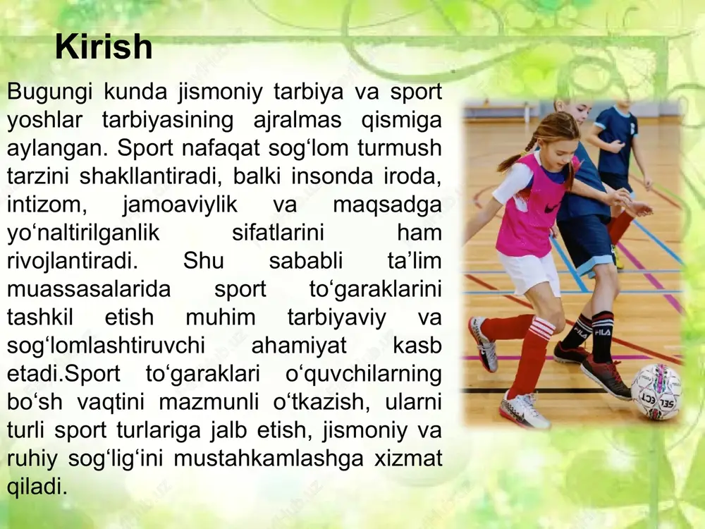 on tomir kasalliklari va depressiya kabi muammolar kuchaymoqda. sport to‘garaklari bu muammolarni hal qilishda samarali vosita bo‘lib, yoshlarni haftada bir necha marta mashg‘ulotlar orqali faol hayotga jalb qiladi sog‘lom turmush tarzini shakllantirishdagi o‘rni sog‘lom turmush tarzini shakllantirishdagi o‘rni sport turlari bo‘yicha to‘garaklarni tashkil etish yoshlar jismoniy va ma’naviy rivojlanishida muhim o‘rin egallaydi. bunday to‘garaklar o‘quvchilarga sog‘lom turmush tarzini shakllantirish, o‘z qiziqishlari va qobiliyatlarini namoyon etish imkonini beradi.sport mashg‘ulotlari jarayonida yoshlar jamoaviylik, intizom, g‘alabaga intilish va o‘z ustida ishlash ko‘nikmalarini egallaydi. shu bilan birga, ularning sog‘lig‘i mustahkamlanadi, irodasi kuchayadi va bo‘sh vaqtlarini foydali o‘tkazish madaniyati shakllanadi.sport to‘garaklarini samarali tashkil etish uchun tajribali murabbiylar, qulay sharoitlar va zamonaviy jihozlar zarur. xulosa o‘zbekiston respublikasi konstitutsiyasi. – toshkent: o‘zbekiston, 2023. “jismoniy tarbiya va sport to‘g‘risida”gi o‘zbekiston respublikasi qonuni. – toshkent, 2021. karimov i.a. “yuksak ma’naviyat – yengilmas kuch”. – toshkent: ma’naviyat, 2008. o‘zbekiston respublikasi prezidentining “sport sohasini rivojlantirish chora-tadbirlari to‘g‘risida”gi farmoni. – 2020. xolmatov …
