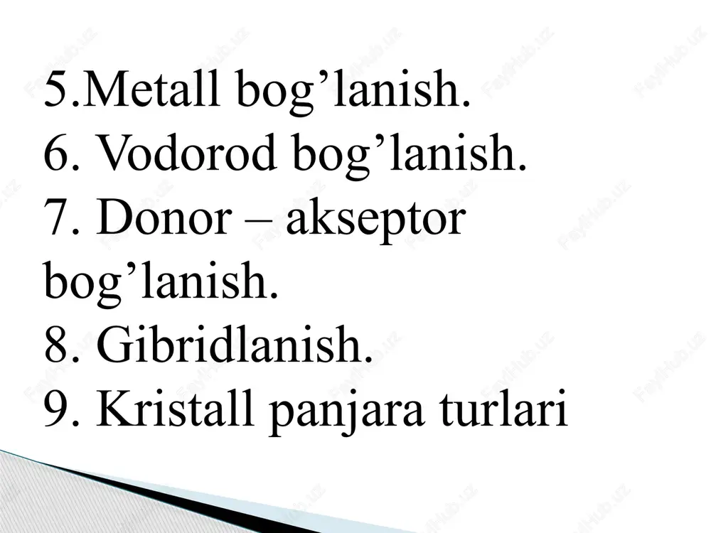 , n2h5cl, kompleks birikmalar, kristallogidratlar, nh4+ ioni va uning tuzlari, hno3 va uning tuzlari donor ––– 5,6,7 – bosh guruhcha elementlari akseptor ––– 1,2,3 – bosh guruhcha elementlari va “d” elementlar ham donor, ham akseptor ––– 4 – bosh guruhcha elementlari bog’ qutbli molekula qutbsiz bo’lgan moddalar: ccl4, so3, becl2, bf3, ch4, c6h6, c6h12, bcl3 gibridlanish gibridlanish kimyoviy bog’ hosil bo’lishida shakli va energiyasi bilan farq qiluvchi (s, p va d) atom orbitallarining bir–birini qoplab energiyasi va shakli bir xil bo’lgan yangi gibrid (chatishgan) orbitallar hosil qilishi gibridlanish deyiladi. gibridlanish tushunchasi fanga 1931 – yilda l. poling tomonidan kiritilgan. σ bog’lar soni + taqsimlanmagan elektron juftlar gibridlanish gibrid-lanish fazoviy tuzilishi burchagi misollar sp chiziqli 1800 begal2, bagal2, co2, asetilen (c2h2), alkin, allen (ch2=c=ch2), ckarbin, cs2, n2, mgh2, co, krf2 … sp2 teng tomonli uchburchak 1200 bgal3, algal3, so2, so3, cgrafit (geksanal), alken, benzol, stirol, h3po3, h2so3, hno3, hno2, krof2, xeof2, …