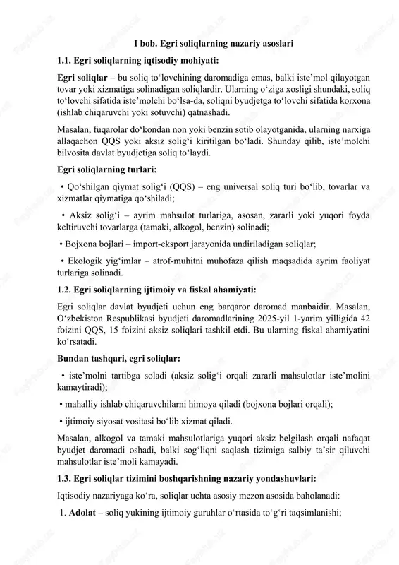 azariyaga ko‘ra, soliqlar uchta asosiy mezon asosida baholanadi: 1. adolat – soliq yukining ijtimoiy guruhlar o‘rtasida to‘g‘ri taqsimlanishi; 2. samaradorlik – soliqlar iqtisodiy faollikka to‘sqinlik qilmasligi; 3. ma’muriy qulaylik – soliq yig‘ish va nazorat qilish oson bo‘lishi. egri soliqlar, ayniqsa qqs, yuqori darajada ma’muriy qulaylikka ega, chunki ular ishlab chiqarish zanjiri davomida avtomatik tarzda undiriladi. shu sababli, ularning budjetga to‘g‘ri va to‘liq tushishini ta’minlash uchun elektron tizimlar (e-invoice, soliq hisoboti) muhim vositadir. o‘zbekistonda egri soliqlarni undirish amaliyoti 2.1. egri soliqlar tizimining rivojlanish bosqichlari: o‘zbekistonda mustaqillikning dastlabki yillarida egri soliqlar tizimi shakllantirildi. 1992-yilda “qo‘shilgan qiymat solig‘i to‘g‘risida”gi qonun qabul qilinib, 1995-yilda aksiz soliqlari joriy qilindi. 2008-yilda esa soliq kodeksining yangi tahriri qabul qilinib, unda egri soliqlarning aniq stavkalari, soliq obyekti, to‘lov muddati va imtiyozlari belgilandi. so‘nggi yillarda soliq siyosatida quyidagi islohotlar amalga oshirildi: • qqs stavkasi 2020-yilda 20% dan 15% ga, 2024-yilda esa 12% ga tushirildi; • aksiz solig‘ining turlari qayta …