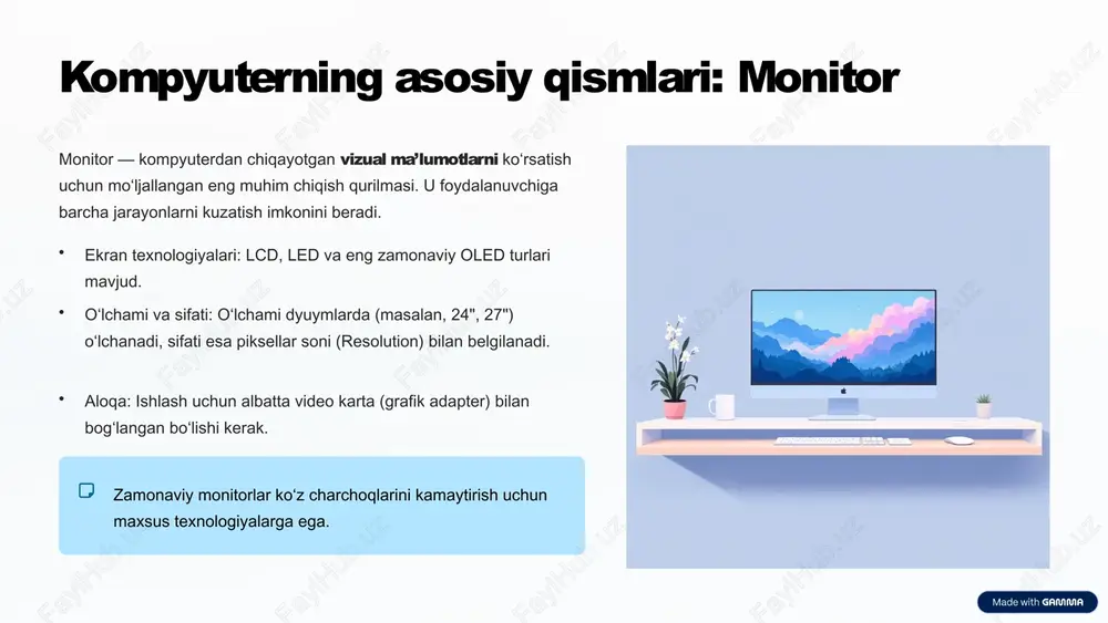 i televizorga uzatish. audio (3.5mm) naushnik, dinamik yoki mikrofon kabi ovozli qurilmalarni ulash. ethernet (lan) simli internet tarmog‘iga yuqori tezlikda ulanish. 8 amaliyot: kompyuter qismlari va portlar nazariy bilimlarni amaliy ko‘nikmalar bilan mustahkamlaymiz. qurilmani yoqish tizim bloki va monitorning quvvat tugmalarini ketma-ket bosish orqali kompyuterni ishga tushiring. asosiy qismlarni aniqlash monitor, klaviatura, sichqoncha va tizim blokini ko‘rsatib, ularning vazifalarini eslang. portlar joylashuvi tizim blokining orqa tomonidagi usb, hdmi va audio portlarini ko‘rsating va ularga qanday qurilmalar ulanishini tushuntiring. 9 xulosa va savol-javob kompyuterning asosiy qismlarini tushunish, undan samarali foydalanish uchun muhim poydevordir. 100% kompyuter tushunchasi 3/3 asosiy turlari 4/4 asosiy qismlari keyingi qadamlar: o‘rganilgan materialni mustahkamlash uchun qisqa test yoki savol-javob o‘tkazamiz. keyingi dars mavzusi: operatsion tizimlar va ularning funksiyalari. 10 image-1002-1.png image-1002-2.png image-1-1.png image-1003-1.png image-1003-2.png image-2-1.png image-2-2.png image-2-3.png image-1004-1.png image-1004-2.png image-3-1.png image-3-2.png image-1005-1.png image-1005-2.png image-4-1.png image-4-2.png image-4-3.png image-4-4.png image-4-5.png image-1006-1.png image-1006-2.png image-5-1.png image-1007-1.png image-1007-2.png image-6-1.png image-6-2.png image-6-3.png image-6-4.png image-1008-1.png …