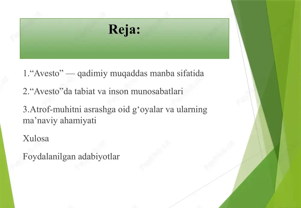 h, daryolarga ifloslik tashlamaslik, suvni isrof qilmaslik — ezgulik belgisi. olov — nur va poklik timsoli. olovga nopok narsani tashlash yoki uni noto‘g‘ri yo‘llarda ishlatish taqiqlangan. havo — hayot nafasi sifatida qadrlangan. havo ifloslanishi, yomon hidli joylarda yashash ruhni bulg‘aydi deb hisoblangan. o‘simliklar — tabiatning bezagi va inson hayotining tayanchi. daraxt ekish — eng savobli ish, daraxtni kesish esa gunoh sanalgan. xulosa xulosa qilib aytganda, “avesto” — nafaqat diniy manba, balki inson va tabiat o‘rtasidagi uyg‘unlikni targ‘ib etuvchi falsafiy asardir. undagi tabiatni asrash haqidagi g‘oyalar bugungi ekologik muammolarni hal etishda ham o‘z ahamiyatini yo‘qotmagan. ajdodlarimizning bu o‘lmas hikmatlari bizni atrof-muhitga mehr bilan qarashga, tabiatni avaylab-asrashga undaydi. foydalanilgan adabiyot: “avesto”. tarjima va izohlar bilan. — toshkent: o‘zbekiston, 2001. karimov i.a. “avesto — bizning ma’naviy boyligimiz”. — toshkent: o‘zbekiston, 2001. yusupov o. zardushtiylik va uning falsafasi. — toshkent: fan, 2010. o‘zbekiston tarixi ensiklopediyasi. — toshkent, 2020. ekologiya asoslari. — toshkent: oliy ta’lim, …