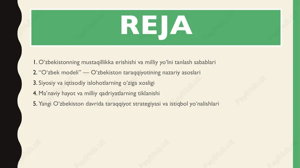 chi tamoyil, bu — aholoning dsmografik vaziyati, ayniqsa, uning 60 foizidan kuprog`ini yoshlar tashkil etganliga, kam ta’minlangan oilalarni, bolalarni, nafaqaxurlarni ijtimoiy ximoyalash maqsadida kuchli ijtimoiy siyosat olib borish xisoblanadi. beshinchi tamoyil, bu — xalkimiz an’analari, urf-odatlari xamda bozor iqtisodiyotining ob’ektiv qonun-qoidalarini xisobga olgan xolda unta «shok terapiyasi» asosida emas, balki evolyustion tadrijiy asosda, puxta o’ylab bosqichma-bosqich o’tish nazarda tutiladi. o’zbekiston iqtisodiyoti o’zbekiston iqtisodiyoti 2012 yilda 8.2% rivojlanishi maqsad qilinmoqda. o’zbekiston parlamentida muhokama qilingan 2012 yil byudjetiga ko’ra, kelgusi yil davlat iqtisodiyotining 8.2% nisbatda rivojlanishi nazarda tutilar ekan, bu doirada sano’at ishlab chiqarishi bo’yicha 8.6%, qishloq-ho’jaligi sohasida 5.8%, sarmoya xajmida esa 9.3% ortish kuzatilishi qayd etildi. iqtisodiyotning yuqori o‘sish sur’atlari 2011 yilda o‘zbekistonda, dastlabki hisob-kitoblarga ko‘ra, 77,8 trln. so‘mlik yaim ishlab chiqarilib, uning real o‘sishi 2010 yilga nisbatan 8,3 foizni tashkil qildi. iqtisodiyotning yuqori o‘sish sur’atlari: - mamlakatni isloh qilish va modernizatsiyalash bo‘yicha ishlab chiqilgan tadrijiy taraqqiyot dasturi va ichki talabni …