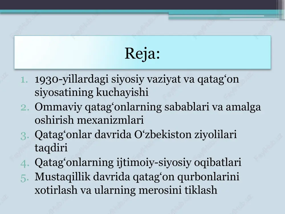 bu insonlarning aksariyati 1937–1938-yillarda otuv jazosi bilan yo‘q qilindi. ularning asarlari taqiqlanib, nomlari bir necha o‘n yillar davomida tilga olinmadi. bundan tashqari chet elda bo`lib kelgan bir qancha ziyolilarimiz sattor jabbor, solih muhammad, maryam sultonmurodova, xayriniso majidxonova va boshqalar ham asossiz qatag`on siyosatining qurboni bo`ldilar. ularning ko`plari shu siyosatdan bezib, chet ellarda vatandan yiroqda qolib ketdilar. o`zbekistonda qatag`on siyosati minglab ziyolilarimizni o`z domiga torgan edi. shundaylardan yana biri munavvarqori abdurashidxonovdir. u nafaqat toshkent jadidlari, balki turkiston va rossiya musulmonlari orasida ham obro` qozonadi. u fevral inqilobidan keyin siyosiy hayotda faol ishtirok etish bilan birga «najot», «kengash» ro`znomalarini tashkil etib ularga muharrirlik qiladi. oktabr to`ntarishidan keyin esa munavvarqori yangi maxsus va oliy ta`lim asoschilaridan biri sifatida faoliyat ko`rsatadi. birin-ketin qatag`on to`lqini ko`zga ko`ringan o`zbek ziyolilarini ham yo`q qila boshladi. shulardan biri shoir usmon nosir edi. u namangan shahrida dunyoga keladi. usmon nosirni hibsga olishga sabab bo`lgan bahona haqidagi so`nggi vaqtda matbuotda …