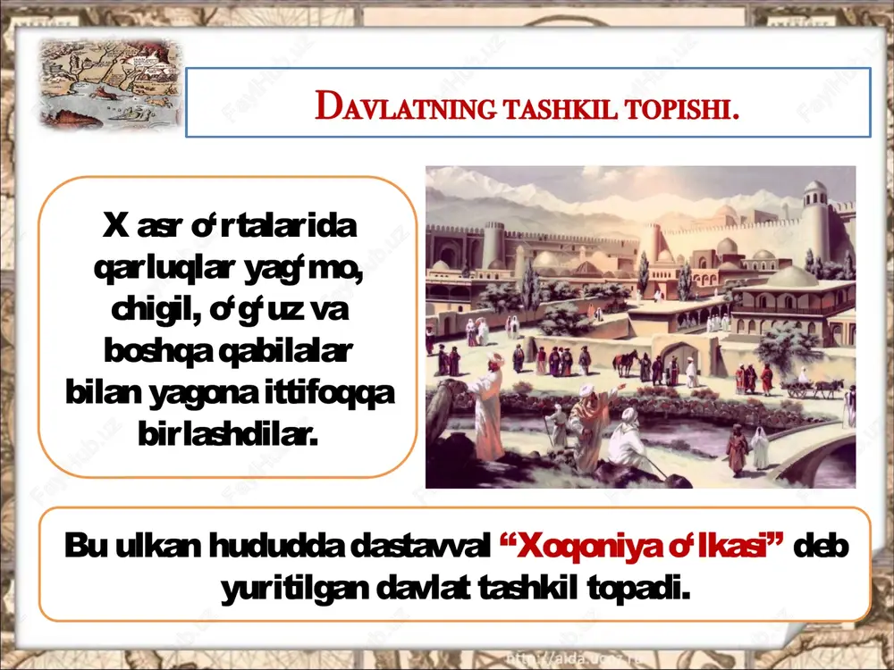 o o`rta asrlar davri tarixida 200 yildan ziyodroq hukm surgan qoraxoniylar sulolasi o`sha davr o`zbekiston xalqi davlatchiligi tarixida ham muhim ahamiyatga ega bo`ldi. tarixiy ma’lumotlarga ko`ra, hozirgi o`zbekistonning deyarli barcha hududlari qoraxoniylar davlati tarkibida bo`lgan. qoraxoniylar sulolasining o`zbek xalqi davlatchiligi tarixidagi ahamiyati shundaki, qoraxoniy hukmdorlari davlat boshqaruvining ilgaridan mavjud bo`lgan tizimi yoki tashkilotlari o`rniga boshqacharoq, ya’ni, nisbatan qadimgi ko`chmanchilar uslublari, qadimgi turkiylar an’analari bilan bog`liq boshqaruv tartibini joriy etdilar. shu bilan birga qoraxoniylar hukmronligi davri o`zidan oldingi mukammal boshqaruv tizimiga ega bo`lgan somoniylar boshqaruvidan o`ziga xos bo`lgan iqta (er-mulkni tortiq qilish) va viloyatlarga bo`lib boshqarish (elekxonlar) tizimi bilan ham ajralib turadi. foydalanilgan adabiyotlar ro‘yxati. bohodir eshov. “ o'zbekiston davlatchiligi va boshqaruvi tarixi” .toshkent. 2012. azamat ziyo. “o‘zbekistonda davlatchiligi tarixi “ , “sharq”. toshkent. 2001. image2.jpeg image3.jpeg image4.jpeg image5.jpeg image6.jpeg image7.jpeg image8.jpeg image9.jpeg image10.jpeg image11.jpeg image12.jpeg image13.jpeg image14.jpeg image1.jpeg /docprops/thumbnail.jpeg
