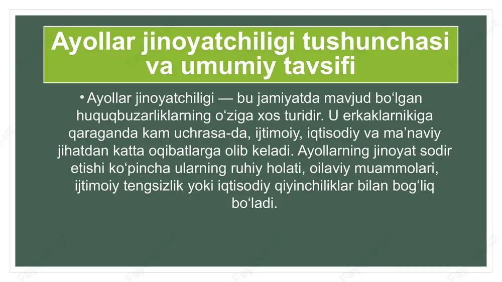 s, 2021. 4. american psychological association. 'gender and crime reports', 2022. 5. www.psychologytoday.com va www.unodc.org ma’lumotlari asosida. e’tiboringiz uchun raxmat! 16 image2.bmp image3.png image4.png image5.jpg image6.png image7.png image8.png image9.png image10.png image11.png image12.jpeg
