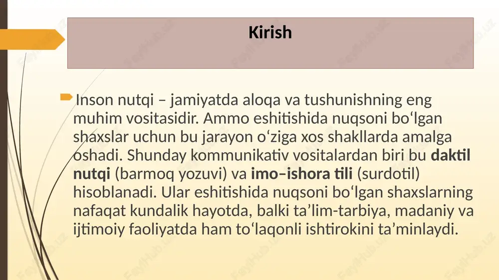 chiqilmoqda. maxsus maktab-internatlar, oliy ta’lim muassasalari va madaniy markazlarda surdotarjimonlik kurslari yo‘lga qo‘yilmoqda. shuningdek, texnologiyalar rivoji natijasida imo–ishora tarjimalarini avtomatik aniqlovchi mobil ilovalar va video lug‘atlar yaratilmoqda. bu esa axborotga teng imkoniyat yaratish yo‘lida muhim qadamlardan biridir. xulosa daktil va imo–ishora nutqi eshitishida nuqsoni bo‘lgan shaxslar uchun nafaqat aloqa vositasi, balki ta’lim, tarbiya va madaniyat sohasida ijtimoiy integratsiyaning muhim ko‘prigidir. ularni o‘quv jarayonida ham, ommaviy madaniy tadbirlarda ham keng qo‘llash eshitishida nuqsoni bo‘lgan insonlarning hayot sifatini oshiradi, ularni jamiyatning teng huquqli a’zosi sifatida shakllantiradi. foydalanilgan adabiyotlar abdullayeva m. surdopedagogika asoslari. – toshkent: fan, 2018. xo‘jayev r. eshitishida nuqsoni bo‘lgan bolalar bilan ishlash metodikasi. – toshkent: o‘zbekiston, 2019. soliyeva d. imo–ishora tili nazariyasi. – samarqand: samdu nashriyoti, 2021. maxmudova n. inklyuziv ta’lim va surdotarjima madaniyati. – toshkent, 2020. azizov a. pedagogik kommunikatsiya. – toshkent: tdpu, 2016. xolmatova m. daktil nutqni o‘rgatish metodikasi. – buxoro, 2017. qodirova s. maxsus pedagogika faniga kirish. …