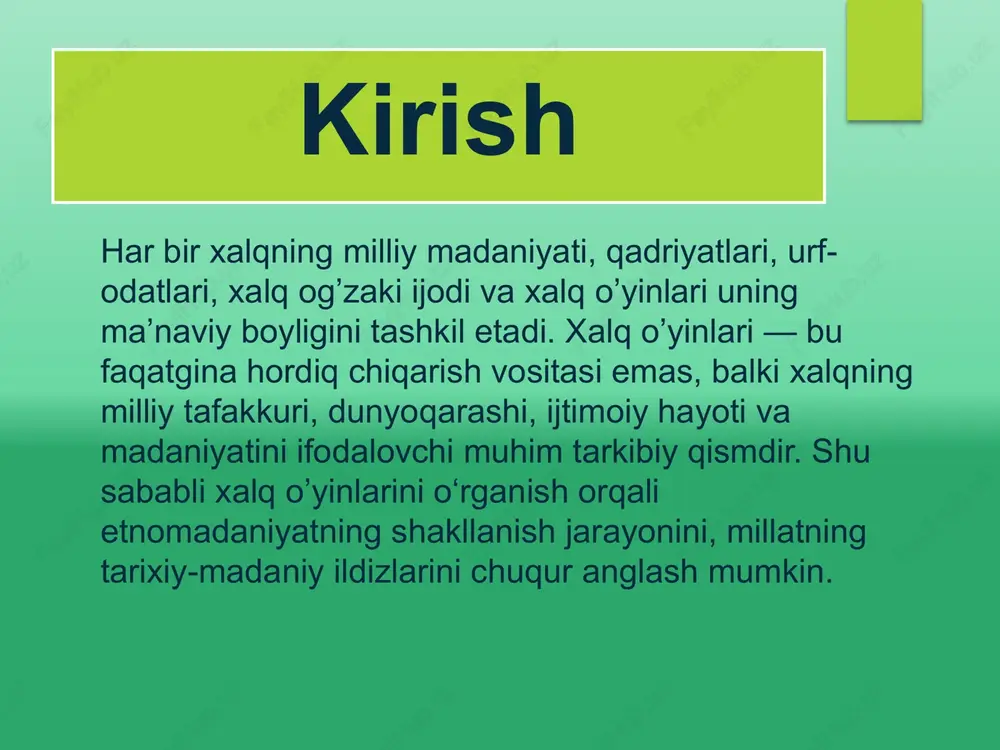 lanadi. shuningdek, xalq o‘yinlari jamoada ishlashni, o‘zaro hurmatni, irodani mustahkamlashni o‘rgatadi. bugungi ta’lim tizimida milliy o’yinlardan foydalanish orqali nafaqat jismoniy tarbiya, balki milliy g‘urur, tarixiy ong va madaniy merosga hurmatni singdirish mumkin. xalq o’yinlari orqali milliy qadriyatlarni saqlash va rivojlantirish xalq o’yinlari milliy qadriyatlar bilan uzviy bog‘liq. ular orqali xalqning tarixiy tajribasi, milliy o‘ziga xosligi, an’analari saqlanadi. shu sababdan xalq o’yinlarini tiklash, targ‘ib qilish va zamonaviy sharoitda davom ettirish etnomadaniyatni boyitadi. bugungi globallashuv davrida milliy o’yinlarni asrab-avaylash, ularni yoshlar orasida ommalashtirish, maktab va maktabgacha ta’lim muassasalarida o‘rgatish muhim ahamiyatga ega. chunki xalq o’yinlari millatning tarixiy ildizlariga tayangan holda zamonaviy madaniyat bilan uyg‘unlashadi. xulosa xalq o’yinlari etnomadaniyatning ajralmas qismi bo‘lib, u millatning ma’naviy qiyofasini shakllantiradi, yosh avlodni vatanparvarlik, halollik, hamjihatlik, do‘stlik ruhida tarbiyalaydi. o‘zbekiston xalqlarining boy madaniy merosida xalq o’yinlari xalqning o‘zligini anglash, tarixiy xotirani saqlash, milliy qadriyatlarni avlodlarga yetkazish vositasi sifatida muhim ahamiyat kasb etadi. shu sababli xalq o’yinlarini o‘rganish, …