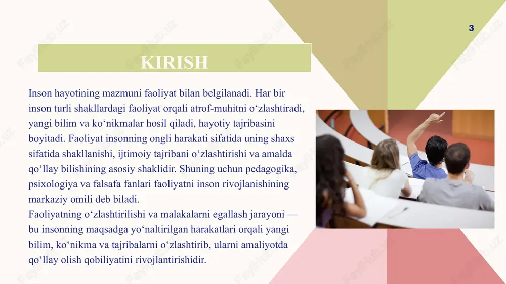 nilgan bilimni amaliyotda qo‘llash. avtomatlashtirish – harakatlarni tez va to‘g‘ri bajarishga o‘rganish. refleksiya – o‘z faoliyatini tahlil qilish, xatolarni aniqlash va to‘g‘rilash. malaka egallanishiga quyidagi omillar ta’sir ko‘rsatadi: 11 motivatsiya darajasi; shaxsning individual qobiliyati; o‘qituvchining metodik mahorati; mashq qilish chastotasi va sifati; o‘rganilayotgan faoliyatning murakkablik darajasi. faoliyatni o‘zlashtirishda motivatsiyaning o‘rni motivatsiya — bu insonni faoliyatga undovchi ichki kuchdir. u o‘qitish jarayonida asosiy harakatlantiruvchi omil bo‘lib xizmat qiladi. agar o‘quvchi yoki talaba o‘rganilayotgan faoliyatning hayotiy ahamiyatini tushunsa, uning o‘zlashtirish jarayoni ancha samarali kechadi. masalan, kasbga yo‘naltirilgan ta’limda talabalar amaliy faoliyatga qiziqsa, ularning malaka hosil qilish sur’ati oshadi. shu sababli motivatsion muhit yaratish, rag‘batlantirish va maqsadni aniqlik bilan qo‘yish o‘qituvchi uchun muhim vazifa hisoblanadi. 12 amaliy faoliyatda malaka va ko‘nikmalarning ahamiyati malaka va ko‘nikmalar insonning kasbiy kompetensiyasini belgilaydi. ular amaliy faoliyatning sifatini, tezligini va natijadorligini ta’minlaydi. misol uchun, tibbiyot xodimi malakasiz bo‘lsa, u bemor hayotiga xavf tug‘dirishi mumkin. yoki o‘qituvchi o‘z kasbiy …
