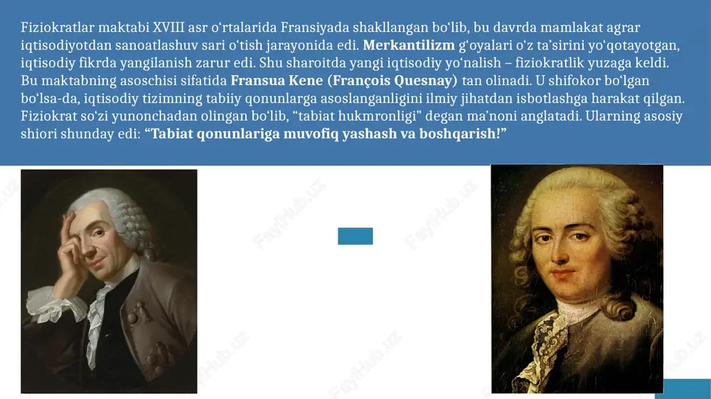 fakkur tarixida o‘ziga xos o‘rin egallagan maktab bo‘lib, ular iqtisodiyotni tabiiy qonunlar asosida tushuntirishga intilgan. ularning ta’limoti agrar jamiyatda muhim nazariy asos yaratgan, keyinchalik klassik iqtisodiy maktabning shakllanishiga turtki bo‘lgan. bugungi kunda ham fiziokratlarning “erkin iqtisodiyot” g‘oyalari o‘z dolzarbligini yo‘qotmagan. 10 image1.png image2.jpg image3.jpg image4.jpg image5.jpg /docprops/thumbnail.jpeg
