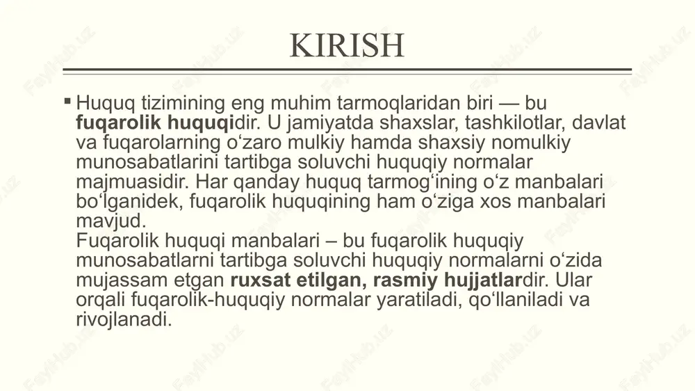 asalan, mulkni davlat ro‘yxatidan o‘tkazish, yuridik shaxslarni ro‘yxatga olish, lizing, ipoteka va shartnoma masalalari bo‘yicha normativ hujjatlar. mahalliy davlat hokimiyati organlarining qarorlari viloyat, tuman va shahar hokimliklari ham ayrim fuqarolik-huquqiy munosabatlarga taalluqli qarorlar qabul qilishi mumkin. ularning qarorlari tegishli hudud doirasida amal qiladi. 11 xalqaro huquqiy shartnomalar o‘zbekiston respublikasi ishtirok etgan xalqaro shartnomalar, konvensiyalar va bitimlar ham fuqarolik huquqining manbalari hisoblanadi. masalan: bmtning “fuqarolik va siyosiy huquqlar to‘g‘risida”gi xalqaro pakti; “xalqaro savdo shartnomalari to‘g‘risida”gi vena konvensiyasi (1980-yil). konstitutsiyaga muvofiq, agar xalqaro shartnoma milliy qonunlarga zid bo‘lsa, xalqaro hujjat ustuvor hisoblanadi. fuqarolik huquqi manbalarining o‘zaro aloqasi va ahamiyati fuqarolik huquqi manbalari o‘zaro uzviy bog‘langan tizimni tashkil etadi. konstitutsiya – eng yuqori huquqiy kuchga ega manba bo‘lsa, qolgan hujjatlar unga zid bo‘lmasligi shart. qonunlar, kodekslar, prezident farmonlari va sud amaliyoti bir-birini to‘ldirib, fuqarolik-huquqiy munosabatlarning izchil rivojlanishini ta’minlaydi. fuqarolik huquqi manbalari: huquqiy barqarorlikni yaratadi; fuqarolarning huquq va manfaatlarini himoya qiladi; bozor iqtisodiyoti tamoyillariga …