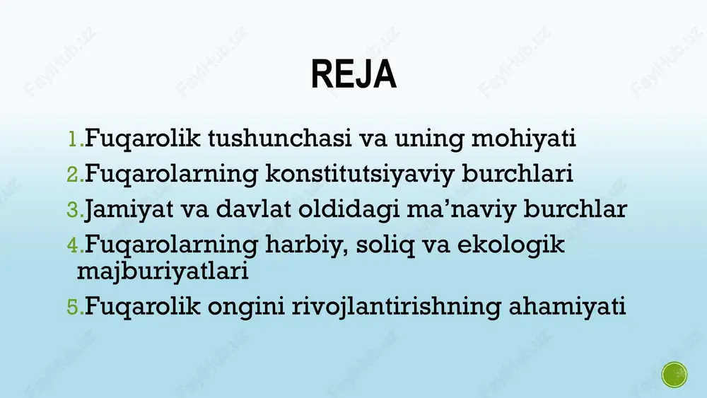 ishi, ularning amal qilishi, huquqiy savodxonligini oshirish. jamoat faolligini oshirish fuqarolarning siyosiy, ijtimoiy-iqtisodiy, madaniy hayotda faol ishtirok etishi, jamoatchilik tashkilotlarida faollik ko'rsatishi. fuqarolik mas'uliyatini oshirish fuqarolarning o'z huquq va burchlariga mas'uliyat bilan qarashi, jamiyat oldidagi majburiyatlarini bajarishi. ma'naviy-ma'rifiy ishlarni kuchaytirib borish fuqarolarning ma'naviy-axloqiy tarbiyasi, milliy g'oya va qadriyatlarni chuqur anglab etishi, jahon sivilizatsiyasi yutuqlarini o'zlashtirib borishi. 9 fuqarolar uchun davlat kafolatlari huquq va erkinliklarni ta'minlash davlat fuqarolarning konstitutsiyaviy huquq va erkinliklarini kafolatlashi, ularni amalga oshirish uchun zarur shart-sharoitlar yaratishi lozim. qonuniylik va huquqiy tartibni saqlab turish davlat qonun ustuvorligini ta'minlashi, fuqarolarning huquq va manfaatlarini himoya qilishi, tartib-intizomni saqlab turishi kerak. ijtimoiy adolatni ta'minlash davlat fuqarolar uchun munosib hayot darajasini yaratishi, ularning ijtimoiy himoyasini ta'minlashi lozim. 10 fuqarolarning davlat oldidagi majburiyatlari konstitutsiya va qonunlarga itoat etish fuqarolar davlat organlari, mansabdor shaxslarning qonuniy talablariga rioya etishlari, ularning qonuniy faoliyatiga to'sqinlik qilmasliklari kerak. soliq to'lash fuqarolar o'z vaqtida va to'liq miqdorda soliq va …