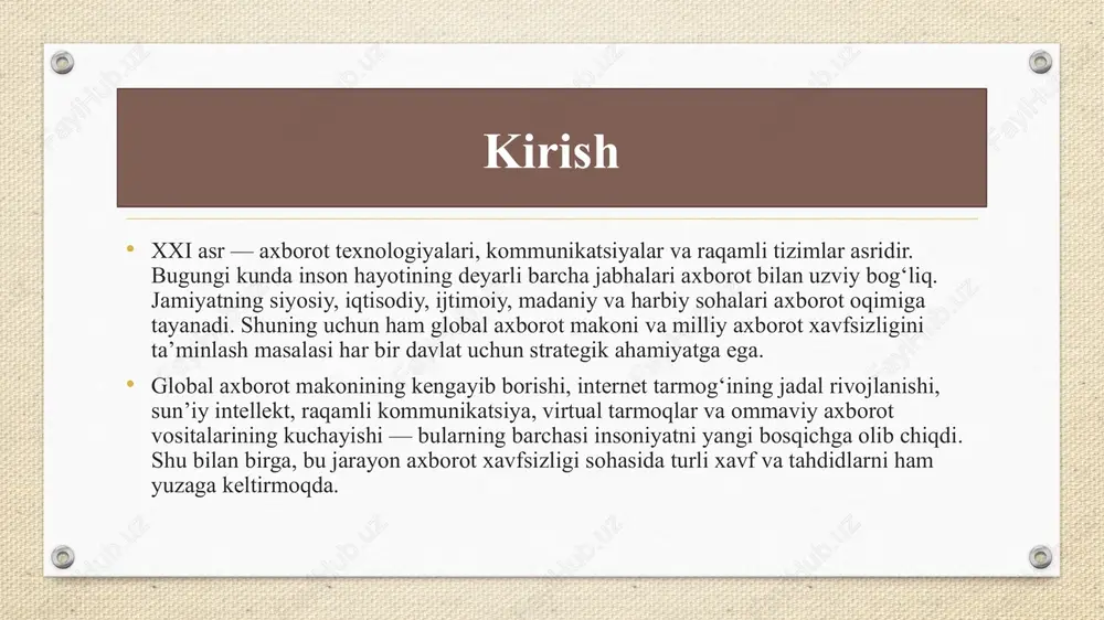 moqda: axborot sohasini tartibga soluvchi qonunlar (“axborot erkinligi to‘g‘risida”, “axborotlashtirish to‘g‘risida”, “elektron hukumat to‘g‘risida” va boshqalar); ommaviy axborot vositalari faoliyatini modernizatsiya qilish; kiberxavfsizlik markazlari faoliyatini kuchaytirish; yoshlarni soxta axborotlardan himoya qilish, media savodxonligini oshirish; milliy kontent yaratish va uni xalqaro miqyosda ilgari surish. bundan tashqari, “yagona interaktiv davlat xizmatlari portali”, “elektron hukumat”, “e-o‘zbekiston” kabi tizimlar axborot xavfsizligini kuchaytirish bilan birga, davlat xizmatlarini raqamlashtirish orqali shaffoflikni ta’minlamoqda. global axborot tahdidlari va ularni bartaraf etish strategiyalari global axborot makonida axborot xavfsizligiga tahdid soluvchi omillar ko‘p. ulardan eng asosiylari quyidagilardir: kiberjinoyatlar — davlat tizimlariga, banklarga, shaxsiy ma’lumotlarga hujumlar; axborot manipulyatsiyasi — yolg‘on ma’lumotlar tarqatish orqali jamoatchilik fikrini o‘zgartirish; madaniy bosim — milliy qadriyatlarni yemirishga qaratilgan virtual kampaniyalar; axborot urushlari — davlatlar o‘rtasida siyosiy va mafkuraviy to‘qnashuvlar. bu tahdidlarga qarshi samarali strategiyalar ishlab chiqilmoqda. jumladan: milliy kiberxavfsizlik infratuzilmasini rivojlantirish; axborot resurslarini mahalliy serverlarda saqlash; yoshlar uchun media savodxonlik darslarini joriy etish; axborot urushlariga qarshi …