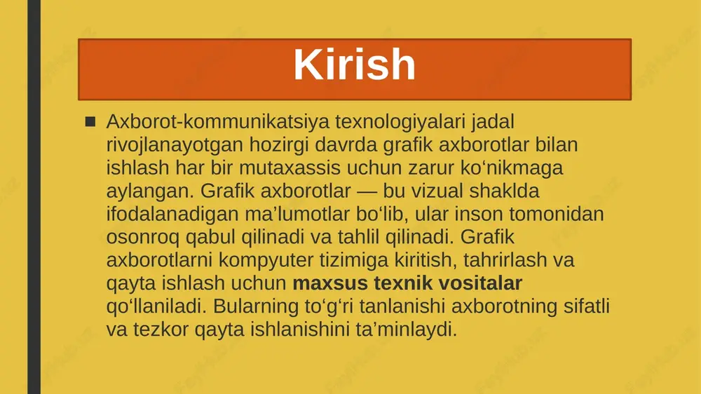 uzatish va ularni harakatlantirish imkonini yaratdi. bu dasturlar rasm solish programmalari yoki grafik redaktorlar hisoblanib, ular yordamida rasmning elementlari boshqarib boriladi. kompyuter grafikasining juda tez rivojlanib borishi va uning texnikaviy va dasturiy vositalarining yangilanib turilishi kursni h amisha takomillashtirishga, bu sohadagi yangi yo’nalishlarni tinmay o’ rganib borishni takozo etadi. hech qaysi zamonaviy mulptimedia dasturi komppyuter grafikasisiz bo’lmaydi. ommaviy foydalanish uchun dasturlar yaratuvchi dasturchi mutaxassislarning 90% gacha ish vaqti grafika bilan ishlashga ketadi. redaksiya va nashriyotda asosiy me'nat sarfini grafik dasturlar bilan badiiy va bezash ishlari tashkil etadi. kompyuter grafikasi uch turga bo'linadi: - rastrli grafika - vektorli grafika - fraktal grafika. ular bir-biri bilan monitor ekranida tasvirlanishi va qog’ozda bosib chiqilishi bilan farqlanadi. dastlabki rastrli va vektorli grafikasi orasidagi farqi grafik tasvirni yaratish texnologiyasi, aks ettirish uslubi, tahrirlash va sahilashda bilinadi. qisqacha qilib bu farqni shunday tushuntirish mumkin: nuqtali grafikada tasvirning minimal elementi nuqta hisoblanadi, vektorli grafikada esa - egri …