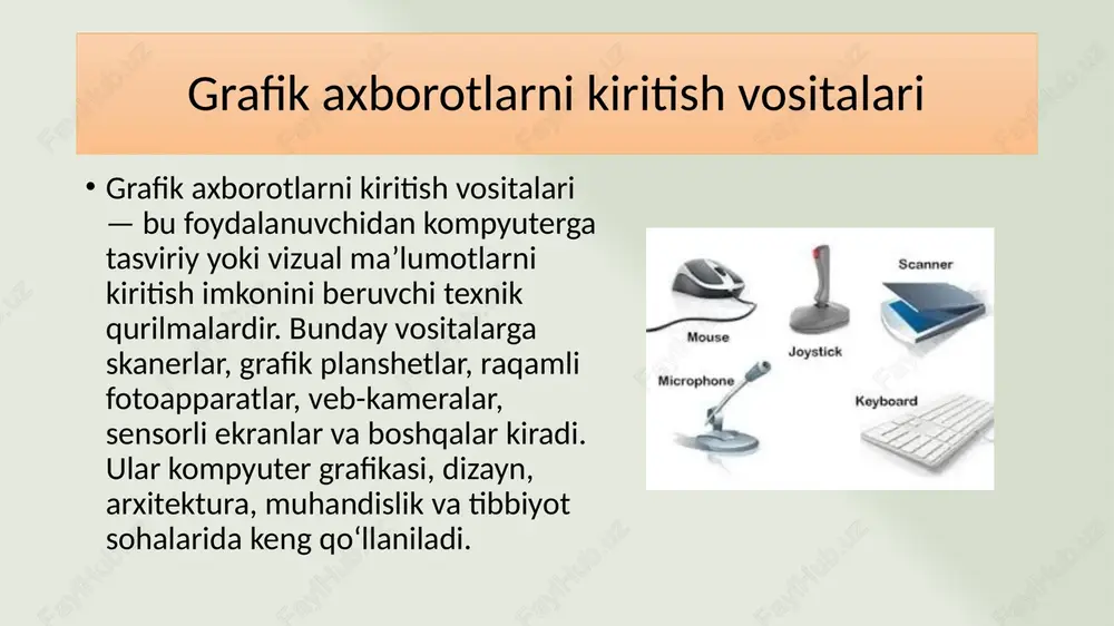 lipslar, ko’p burchaklar, kesmalar va chiziqlarni keltirish mumkin. vektorli grafikanining xarakterli xususiyatlaridan biri undagi har bir ob'ekt uchun ularning tashqi ko’rinishlarini o‘zgartirish imkonini beradigan boshqarish parametrlari mavjud. nuqtali tasvirlardan farqli ravishda vektorli tasvirlar ixtiyoriy ichki strukturaga ega bo’lishi mumkin. vektorli tasvirlarni nuqtali tasvirlarga aylantirish foydalanuvchi ishtirokisiz, amaliy dastur tomonidan amalga oshiriladi. lekin nuqtali tasvirlarni vektorli tasvirga aylantirish foydalanuvchidan katta mahorat talab qiladi. xozirgi ko’nga kelib kompyuter grafikasi va animasiyasi vositalari kirib bormagan soxani topish qiyin. kompyuter grafikasi va animasiyasi vositalarini qo’llanish soxasiga ko’ra quyidagi guruxlarga ajratish mumkin: · poligrafiya ishlari uchun mo’’ljallangan kompyuter grafikasi dasturlari; · ikki o’lchamli rang tasvir kompyuter grafikasi; · taqdimot ishlari uchun mo’’ljallangan dasturlar; · ikki o’lchamli animasiya dasturlari; · uch o’lchamli animasiya dasturlari; · ikki o’lchamli animasiya dasturlari; · ikki o’lchamli va uch o’lchamli animasiya dasturlari; · videotasvirlarni qayta ishlovchi komplekslar; · ilmiy vizuallashtirish ishlarini bajaruvchi dasturlar. kompyuter grafikasi va animasiyasi dasturlari rassom va dizaynerlar, …