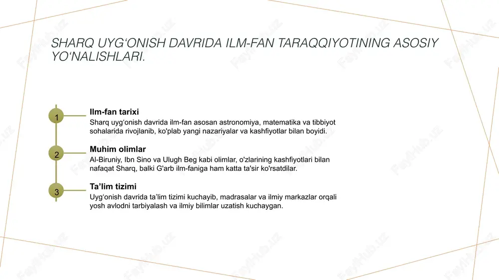 rida muhim yutuqlarga erishildi. 2 madaniyatning asoslari oʻzbekistonda madaniyat ilm-fan bilan uzviy bog‘langan bo‘lib, san’at, adabiyot va musiqaning rivoji aynan ilmiy yutuqlar bilan shartlangan. 3 tarixiy shaxslar ulug‘ shaxslar, masalan, al-farobiy va ibn sino, o‘z asarlari orqali ilm-fan va madaniyatning rivojiga katta hissa qo‘shdilar. ular zamonaviy savodxonlikka asos soldi. 4 rivojlanish jarayoni oʻzbekistonda ilm-fan va madaniyatning rivojlanish jarayoni, avvalo, madrasalar va ilmiy markazlar orqali amalga oshdi, shuningdek, xalqaro aloqalar ham muhim rol o‘ynadi. sharq uygʻonishida mashhur olimlar va ularning yutuqlari. 1 al-farobiy al-farobiy, mashhur mutafakkir, falsafa, musiqa va ijtimoiy fanlar sohalarida muhim yutuqlarga erishgan. u "ikki shahar nazariyasi" bilan tanilgan. 2 ibn sino ibn sino, tibbiyot va falsafa bo'yicha eng buyuk olimlardan biri hisoblanadi. uning "tib qonunlari" asari hozirgi tibbiyotga katta ta'sir ko'rsatdi. 3 ulug'bek ulug'bek, astronomiya va matematikada kashfiyotlari bilan mashhur. u o'z davrida eng yirik observatoriya qurdi va yulduzlar ro'yxatini tuzdi. oʻzbekistondagi madaniy yutuqlar: sanʼat, adabiyot va ilm-fan. …