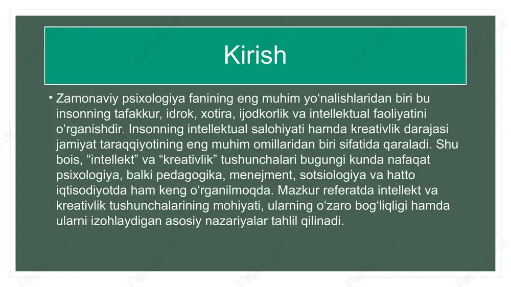t va kreativlikni oliy darajadagi insoniy qobiliyatlarning birligi deb bilishadi. intellekt kretivlikning yuqori bosqichidir . bu degani nafaqat ular birlikda, balki ijodkorlik intellektning hosilasidir. yuqori darajadagi inttellekt- yuqori darajadagi qobiliyatning asosisi hisoblanadi. quyi intellekt- quyi darajadagi intellektni yuzaga keltiradi. gans ayzenk kreativlikni qobiliyatning o‘ziga xos ko‘rinishi deb hisoblagan. kreativlik intellektning yuqori bo‘lishi bilan belgilangan. kreativlik intellekt bilan bog‘liq bo‘lsa-da, u har doim yuqori aqliy ko‘rsatkichlarga ega bo‘lgan odamlardagina uchramaydi. ba’zan o‘rtacha intellekt darajasiga ega shaxslar ham o‘zining g‘oyaviy yangiliklari bilan ajralib turadi. 11 kreativlikning asosiy belgilariga quyidagilar kiradi: mustaqil fikrlash o‘zgacha yechim topish moslashuvchanlik original g‘oya va tasavvurlar tavakkalchilik va yangilikka ochiqlik intellekt va kreativlik o‘rtasidagi bog‘liqlik ilmiy tadqiqotlar shuni ko‘rsatadiki, intellekt va kreativlik o‘zaro bog‘liq, ammo to‘liq bir xil tushunchalar emas. intellekt muammolarni mantiqan hal etish imkonini bersa, kreativlik esa ularni yangi yo‘ldan hal etish imkonini beradi. 13 masalan, yuqori iq (intellekt koeffitsienti)ga ega odam har doim ham original …