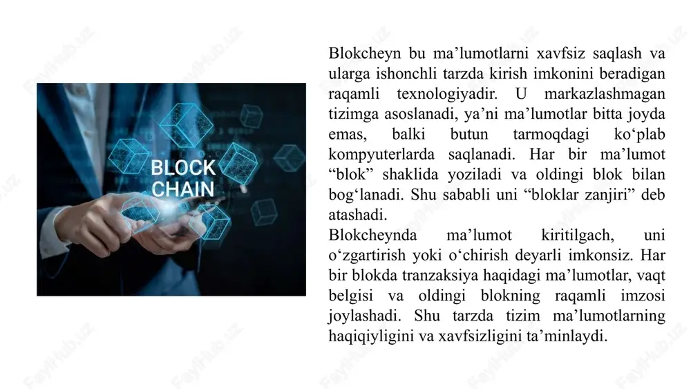 h deyarli imkonsiz. tesla — avtomobillarda batareya ma’lumotlarini xavfsiz saqlash uchun blokcheyndan foydalanadi. shaffoflik har bir tranzaksiya tarmoqda ochiq ko‘rinishda qayd etiladi, bu ishonchni oshiradi. amazon — aws blokcheyn xizmati orqali tovarlarni yetkazib berish jarayonini kuzatadi. vositachilarsiz tezkor bitimlar foydalanuvchilar o‘zaro to‘g‘ridan-to‘g‘ri bitimlar amalga oshiradi, bank yoki vositachilarga ehtiyoj yo‘q. telegram — ton blokcheyn tizimi orqali tezkor va xavfsiz to‘lovlar yaratgan. xarajatlarni kamaytirish oraliq tashkilotlar bo‘lmagani sababli tranzaksiya xarajatlari sezilarli kamayadi. amazon — blokcheyn yordamida logistika va ma’lumot boshqaruvi xarajatlarini qisqartirgan. aqlli shartnomalar bitimlar avtomatik tarzda bajariladi, inson xatolari kamayadi. tesla — kelajakda avtomobil ijarasi uchun aqlli shartnomalardan foydalanishni rejalashtirmoqda. blokcheynning asosiy afzalliklari kompaniyalar misolida keltirib o‘tmoqchiman blokcheyn zanjiri diagrammasi quyidagi diagrammada blokcheynning asosiy struktur va ishlash prinsipi ko'rsatilgan. har bir blok oldingi blokining xesh qiymatini o'z ichiga oladi, bu zanjir bo'ylab to'g'ri bog'lanishni ta'minlaydi. agar biror blokdagi ma'lumot o'zgartirilsa, butun tizim buziladi va bu darhol aniqlanadi. blok 1 tranzaksiya, …