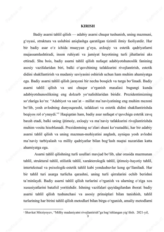 r, uslubiy yondashuvlar va intertekstual aloqalar paydo bo‘layotgani sababli, badiy asarni tahlil qilishning turli usullari va turlari dolzarb hisoblanadi. asar mazmunini, syujetini, personajlar psixologiyasini va muallifning badiiy uslubini chuqur o‘rganish nafaqat adabiyotshunoslikni rivojlantirishga, balki pedagogik jarayonlarda samarali o‘qitish va o‘rganish metodlarini takomillashtirishga xizmat qiladi. mavzuning ahamiyati badiy asarni tahlil qilishning ahamiyati keng va ko‘p qirrali bo‘lib, u nafaqat adabiyotshunoslik, balki pedagogika, madaniyat va jamiyat hayotida ham muhim o‘rin tutadi. asar mazmuni, syujeti, obrazlari va uslubi bilan chuqur o‘rganilganda, o‘quvchi nafaqat matnni tushunadi, balki uning g‘oyaviy, estetik va ijtimoiy xususiyatlarini ham anglaydi. badiy asarni tahlil qilish orqali insonning tanqidiy fikrlash qobiliyati rivojlanadi, estetik didi shakllanadi va madaniy saviyasi oshadi. shu bilan birga, tahlil jarayoni o‘quvchiga o‘z fikrini asoslash, voqealarni tahlil qilish va baholash ko‘nikmalarini beradi. bu ko‘nikmalar esa nafaqat adabiy asarni tushunishga, balki jamiyatdagi turli muammolarni anglash va ularni baholashga ham yordam beradi. badiy asarni tahlil qilish pedagogik jarayonda o‘quvchilarga o‘zini …