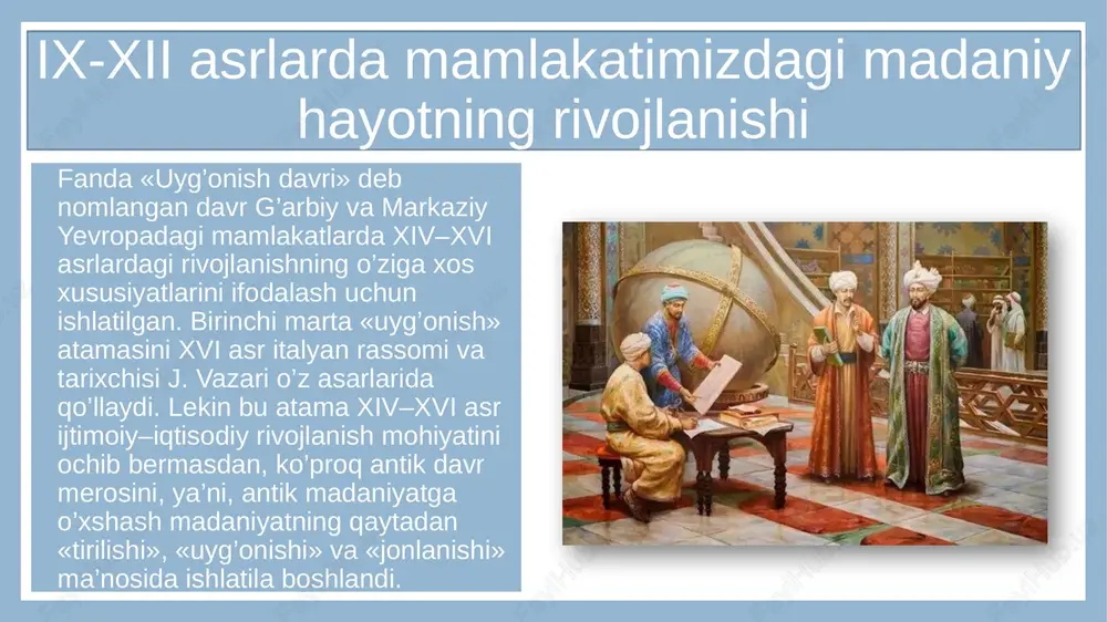 k davr vatanimiz xalqlari ma’naviy– madaniy hayotida nihoyatda muhim ahamiyat kasb etadi. bu davrda madaniyat, uning deyarli barcha sohalari yuksak darajada rivoj topdi va o’rta osiyoning dunyo madaniyati tarixiga qo’shgan hissasini belgilab berdi. xuroson xalqlari qadimiy madaniy an’analarga boy va ma’naviy mavqei jihatidan yuqori edi. shu sababli o’rta osiyo arab xalifaligiga, musulmon dunyosiga kirgandan so’ng viii – xii asrlar davomida barcha musulmon o’lkalari madaniyati rivojida yetakchi o’rinlardan birini egalladi. islom dini, adabiyot, tabiiy fanlar, tarixnavislik, san’at, falsafa, huquqshunoslik, ijtimoiy tafakkur kabi madaniyatning barcha sohasida ham bu davrda buyuk siymolar, mutafakkir olimlar, zamonasining ilg’or kishilari yetishib chiqdilar. bu davrda birinchi akademiya – «donolik uyi» tashkil topdi va bu yerda turli ilmlarning rivoji uchun keng imkoniyatlar yaratildi, arab xalifasi ma’mun uning rivojiga maxsus mablag’ ajratib turdi. akademiya – «donolik uyi»da xalifalikning turli o’lkalaridan kelgan arab, yahudiy, fors, turk, hind, yunon olimlari birgalikda ish olib bordilar. uning faoliyatida o’rta osiyodan borgan olimlar ham …