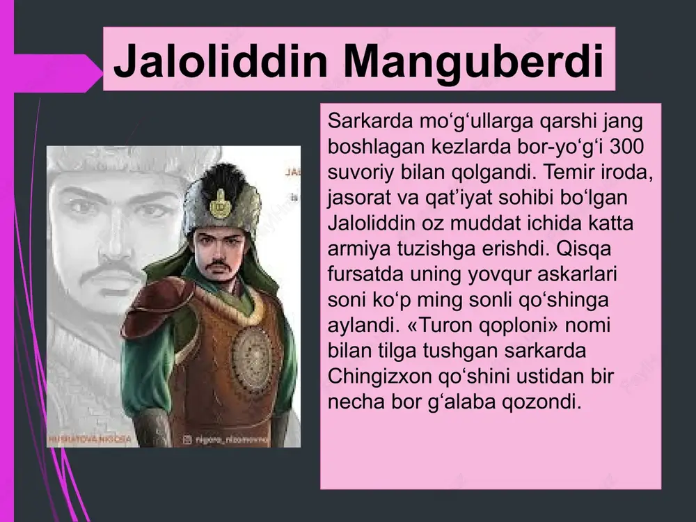 da va chingiz qo‘shini o‘rtasida sind daryosi bo‘yida kechgan muhoraba tarixiy manbalarda alohida qayd etilgan. daryo bo‘yidagi uch kunlik jangda jaloliddin yuksak jasorat namunasini ko‘rsatdi. o‘shanda sarkardaning matonati va mardligi raqibi chingizxonni ham hayratga solgandi. mo‘g‘ul hukmdori dushmanning zirh kabi himoyasini yorib o‘tib, asov sind daryosidan sakrab mo‘ri malahdek bosqinchilarga chap bergan jaloliddinga havas bilan boqib o‘g‘illari shahzodadek bo‘lmog‘ini orzu qilgan edi. ko‘hna tarix guvoh, buyuk sarkardalarning aksariyati xiyonat qurboni bo‘lganlar. xorazmshohlar sulolasining so‘nggi yetakchisiga ham yaqinlari, eng ishongan kishilari vafo qilishmadi. yurt boshiga og‘ir sinovlar kelgan paytda juda ko‘p harbiy boshliqlar qo‘rqoqlik yo‘lini tutishdi, faqatgina o‘z jonlarini saqlash dardiga tushishdi. juda katta maqsadlarni ko‘ngliga tukkan sarkarda yakkalanib qoldi. tarixiy manbalarda qayd etilishicha, sarkarda tog‘ yo‘llarida qaroqchi kurdlar qo‘liga tushib qoladi. ular odatdagiday sultonni ham tutib olishadi va xuddi bosh qalarni talagan kabi bor-yo‘g‘ini tortib olishadi. shunda jaloliddin talonchilarning boshlig‘iga bunday deydi: «men haqiqatan ham sultonman, mening taqdirimni hal qilishga …