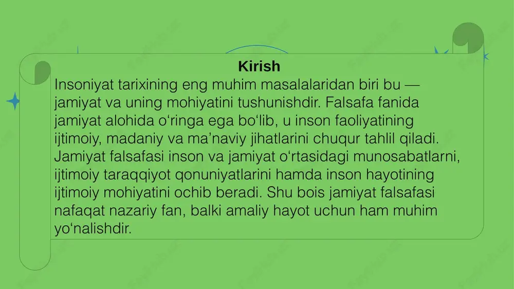 ya tizimi va axloqiy me’yorlar muhim o‘rin tutadi. zamonaviy jamiyat muammolari bugungi globallashuv davrida jamiyatlar o‘rtasidagi iqtisodiy, siyosiy va madaniy aloqalar kuchaymoqda. shu bilan birga, ijtimoiy tengsizlik, ekologik muammolar, axloqiy inqiroz kabi holatlar ham yuzaga kelmoqda. bu esa jamiyat falsafasining dolzarbligini yanada oshiradi, chunki falsafiy tahlil orqali insoniyat bu muammolarning mohiyatini anglaydi va ularni bartaraf etish yo‘llarini izlaydi. 14 xulosa jamiyat falsafasi insoniyat tafakkurining muhim sohasi bo‘lib, u jamiyatning mohiyatini, rivojlanish qonuniyatlarini va insonning undagi o‘rnini o‘rganadi. har bir inson jamiyat a’zosi sifatida uning rivojida faol ishtirok etadi. shuning uchun jamiyat falsafasi nafaqat nazariy bilim manbai, balki har bir shaxs uchun hayotiy yo‘l-yo‘riq, ma’naviy kompas vazifasini ham bajaradi. 15 foydalanilgan adabiyotlar: · karimov i.a. yuksak ma’naviyat – yengilmas kuch. – toshkent: ma’naviyat, 2008. · g‘ofurov a. falsafa asoslari. – toshkent: o‘zbekiston, 2015. · nazarov q. jamiyat falsafasi. – toshkent: fan, 2019. · hodiyev a., xolbekov m. falsafa. – toshkent: universitet, …