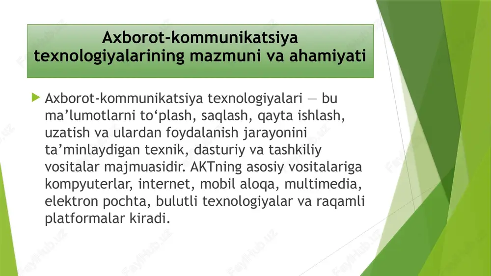 n platformalar va raqamli kommunikatsiya shakllari orqali jamiyatda axborot almashinuvi tezlashdi. bu esa yangi ijtimoiy madaniyat va raqamli muhitni shakllantirdi. mutaxassis malakasini oshirishda aktning roli zamonaviy mutaxassis o‘z kasbiy mahoratini doimo rivojlantirib borishi lozim. buning uchun akt qulay imkoniyat yaratadi: onlayn treninglar, vebinarlar, xalqaro ilmiy konferensiyalar, elektron kutubxonalar orqali o‘z bilimini yangilab borish mumkin. aktdan foydalanish nafaqat bilim olish, balki o‘z tajribasini boshqalar bilan bo‘lishish, ilmiy izlanishlarni kengaytirish imkonini ham beradi. xulosa kasbiy faoliyatda zamonaviy axborot-kommunikatsiya texnologiyalaridan foydalanish — bu vaqt talabi, taraqqiyot sharti va professional muvaffaqiyat garovidir. akt nafaqat ish samaradorligini oshiradi, balki mutaxassisning ijodiy fikrlashini, tezkor qaror qabul qilish qobiliyatini va global miqyosda muloqot qilish madaniyatini rivojlantiradi. har bir soha vakili aktdan oqilona foydalana olsa, u o‘z ish faoliyatida yuqori natijalarga erishadi va jamiyat taraqqiyotiga munosib hissa qo‘shadi. foydalanilgan adabiyotlar o‘zbekiston respublikasi prezidentining “raqamli o‘zbekiston – 2030” strategiyasi. “axborotlashtirish to‘g‘risida”gi qonun. karimov i.a. yuksak ma’naviyat – yengilmas kuch. …