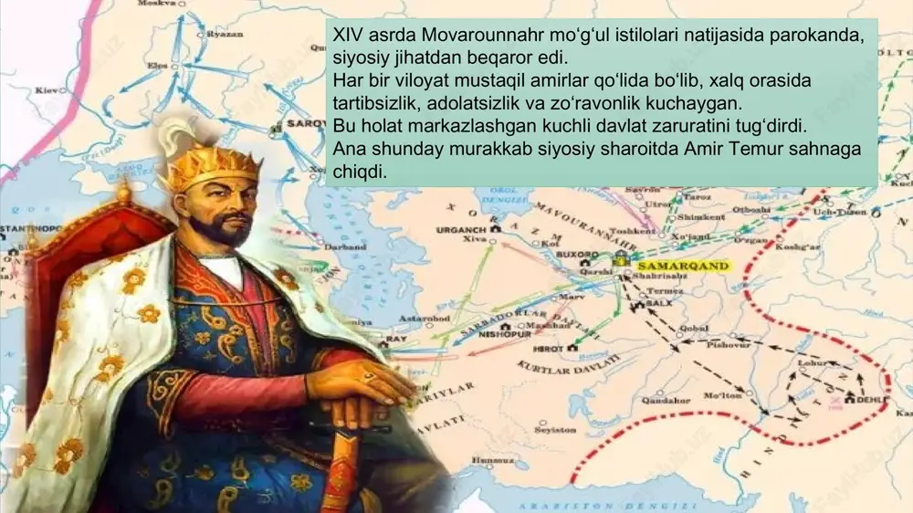 ni rivojlantirishga homiylik qildilar. mirzo ulug‘bek, alisher navoiy, kamoliddin behzod kabi siymolar shu muhitda voyaga yetgan. samarqanddagi ulug‘bek rasadxonasi, bibixonim masjidi, shohi zinda majmuasi bu davrning buyuk yodgorliklaridir. 14 temur ko‘plab davlatlar bilan diplomatik munosabatlar o‘rnatdi. fransiya, ispaniya va xitoy elchilari samarqand saroyiga tashrif buyurgan. bu orqali u o‘z davlatining xalqaro nufuzini oshirdi. temur diplomatiya san’atini harbiy kuch bilan uyg‘unlashtirgan siyosatshunos edi. 15 amir temur uchun adolat — davlatning asosiy tayanchi edi. u o‘z amirlariga shunday degan: “agar podsho adolat bilan ish yuritsa, xalq ham unga bo‘ysunadi.” temur har bir qarorni xalq manfaatini hisobga olgan holda qabul qilgan. adolatli boshqaruv — uning siyosiy merosining markaziy tamoyili bo‘lib qolgan. 16 amir temur vafotidan so‘ng uning avlodlari — mironshoh, shohruh, ulug‘beklar bu davlatchilikni davom ettirdilar. temuriylar davrida ilm-fan, falsafa, me’morchilik eng yuqori cho‘qqiga chiqdi. bu meros keyingi asrlar davomida butun sharq va markaziy osiyoning siyosiy hayotiga ta’sir etdi. 17 amir temur 1405-yilda …