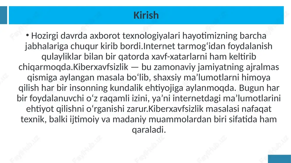 xsini ikki marotaba tasdiqlaydi, bu esa xavfsizlikni yanada oshiradi. masalan, telegram, google yoki facebook’da bu tizim mavjud. bu oddiy ko‘rinadigan choralar kiberjinoyatchilikka qarshi eng samarali himoyalardan biridir. internet xavfsizligi madaniyati kiberxavfsizlik madaniyati — bu foydalanuvchining internetda ongli va mas’uliyatli xatti-harakati demakdir. bu madaniyat maktabdan boshlab shakllanishi kerak. o‘qituvchilar, ota-onalar va tashkilotlar yoshlarga internet xavfsizligining ahamiyatini tushuntirishlari lozim. jamiyatda axborot madaniyatini oshirish orqali kiberxavf darajasini kamaytirish mumkin. bu madaniyat har bir fuqaroning raqamli dunyoda o‘zini himoya qila olishini ta’minlaydi. o‘zbekiston respublikasida kiberxavfsizlik siyosati o‘zbekistonda kiberxavfsizlik sohasida keng ko‘lamli ishlar amalga oshirilmoqda. 2020-yilda prezident qarori bilan “kiberxavfsizlik konsepsiyasi” tasdiqlangan. bu hujjat axborot infratuzilmasini himoya qilish, milliy xavfsizlikni mustahkamlash va raqamli texnologiyalarni rivojlantirishni ko‘zda tutadi. axborot texnologiyalari va kommunikatsiyalarini rivojlantirish vazirligi huzurida “kiberxavfsizlik markazi” faoliyat yuritmoqda. u turli tarmoq tizimlarini nazorat qilib, kiberhujumlarning oldini olish bilan shug‘ullanadi. kiberjinoyatchilikka qarshi kurash tajribalari kiberjinoyatchilikka qarshi kurash uchun o‘zbekistonda maxsus qonunlar va bo‘limlar tashkil etilgan. ichki …